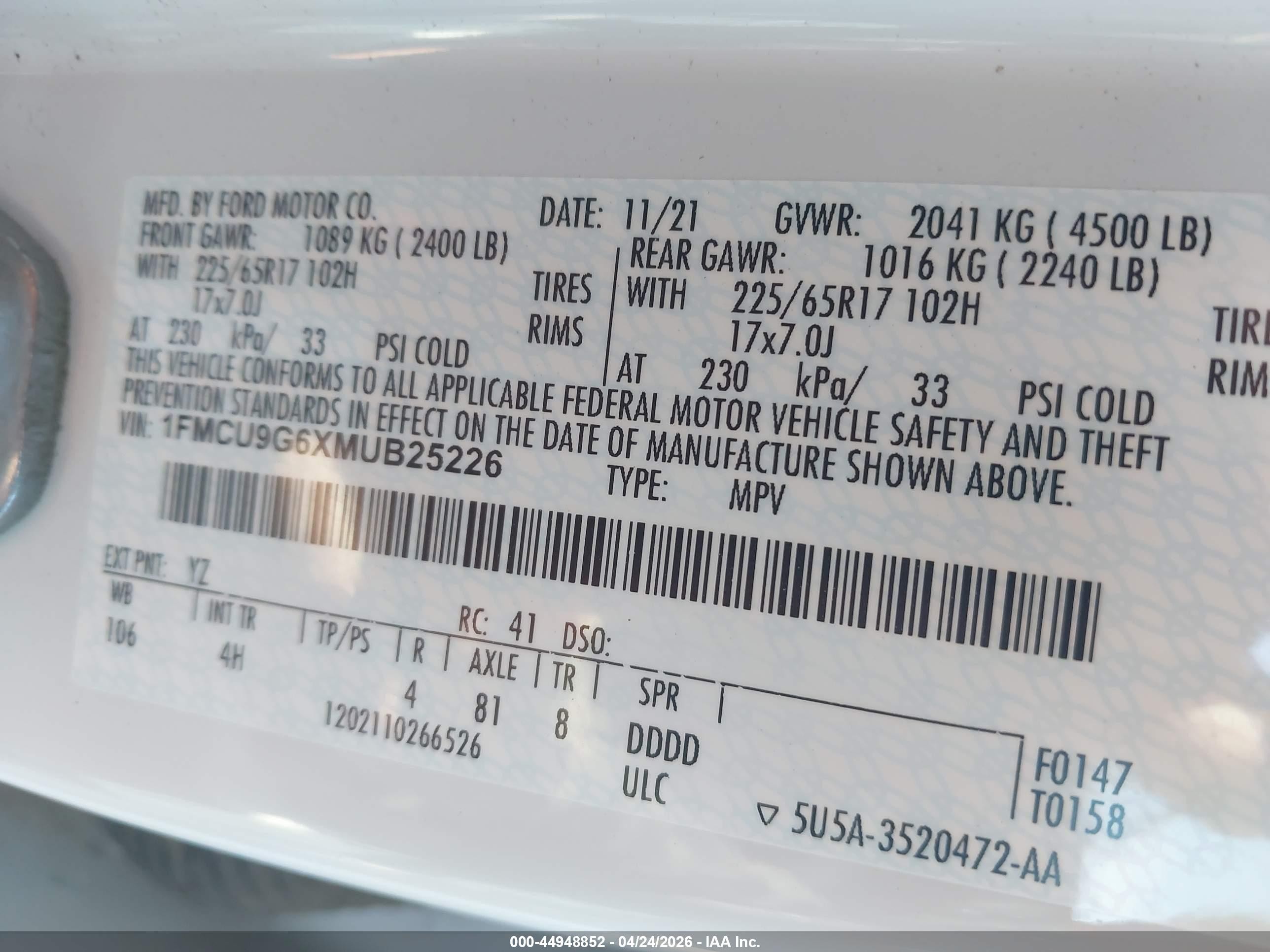 2021 Ford Escape Se White vin: 1FMCU9G6XMUB25226