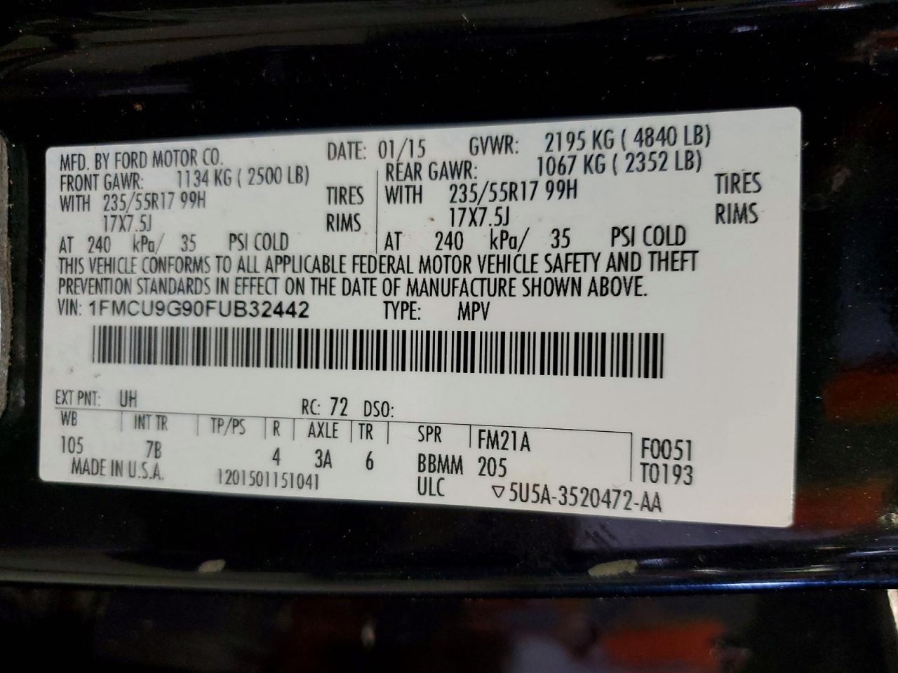 2015 Ford Escape Se Black vin: 1FMCU9G90FUB32442