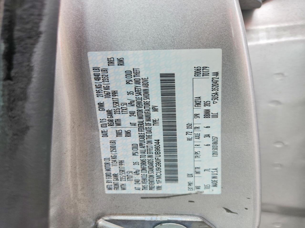 2015 Ford Escape Se Silver vin: 1FMCU9G90FUB96044