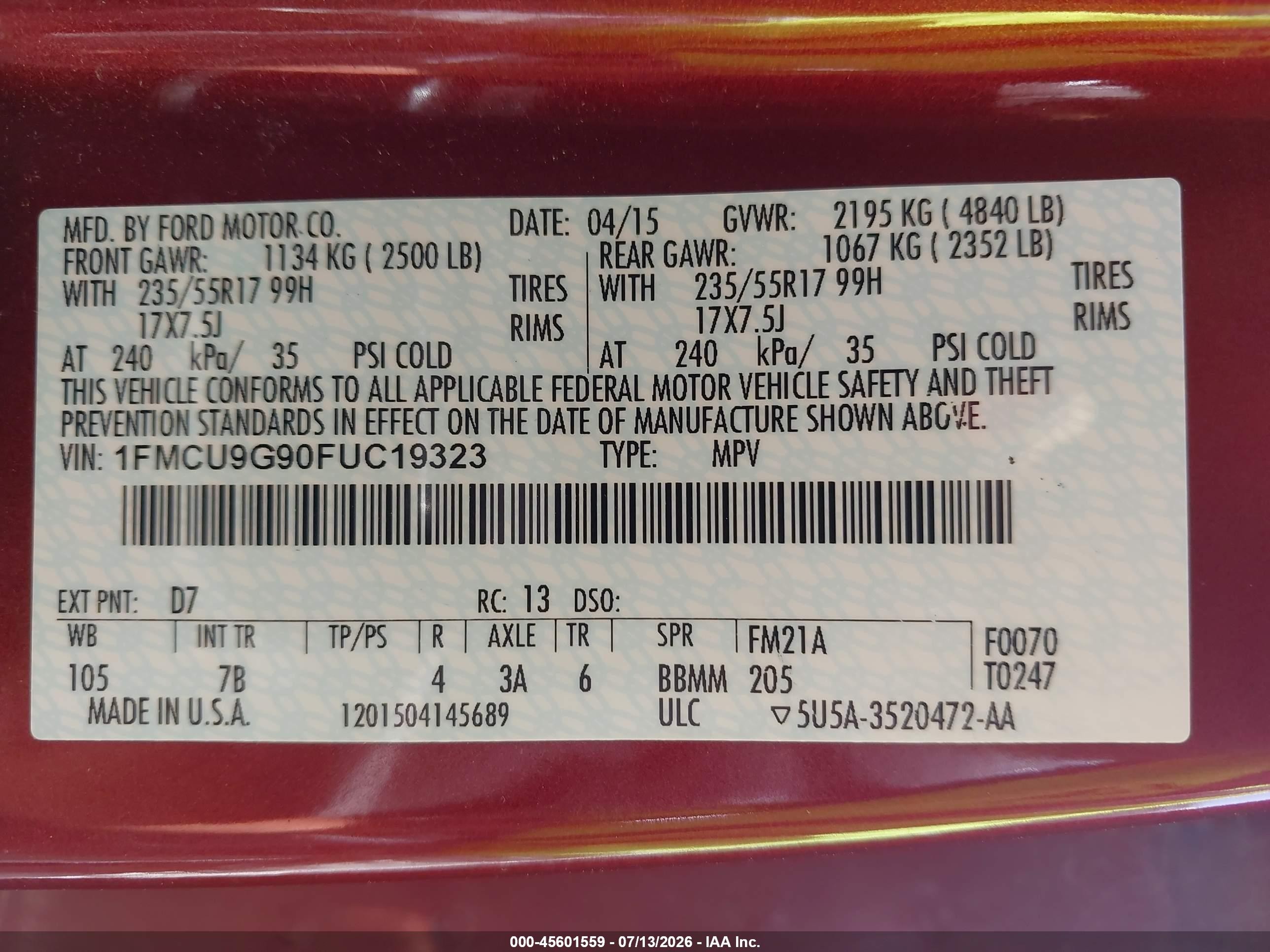 2015 Ford Escape Se Red vin: 1FMCU9G90FUC19323