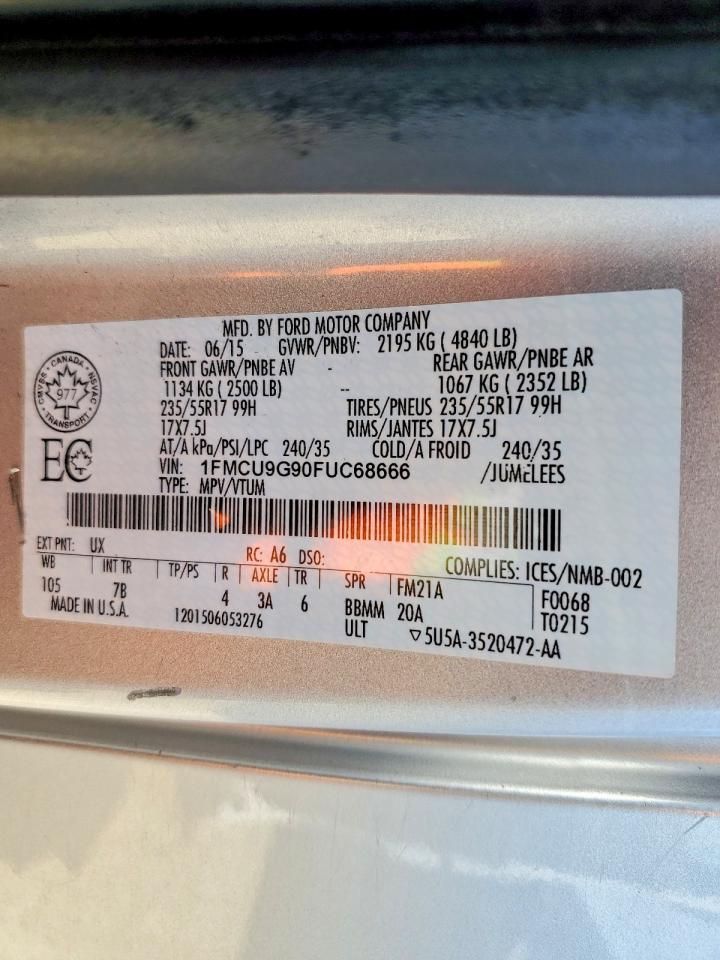 2015 Ford Escape Se Silver vin: 1FMCU9G90FUC68666