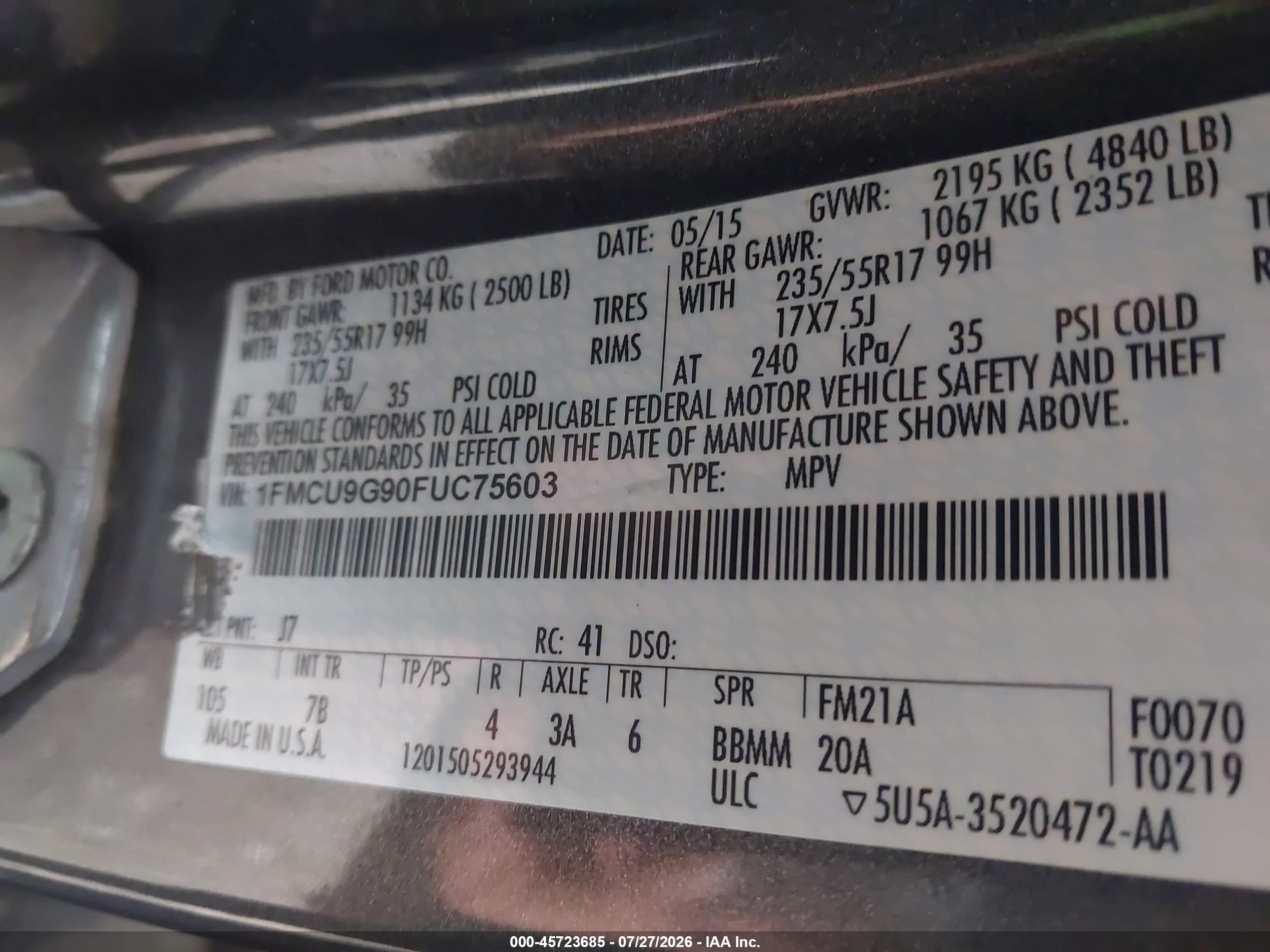 2015 Ford Escape Se Gray vin: 1FMCU9G90FUC75603