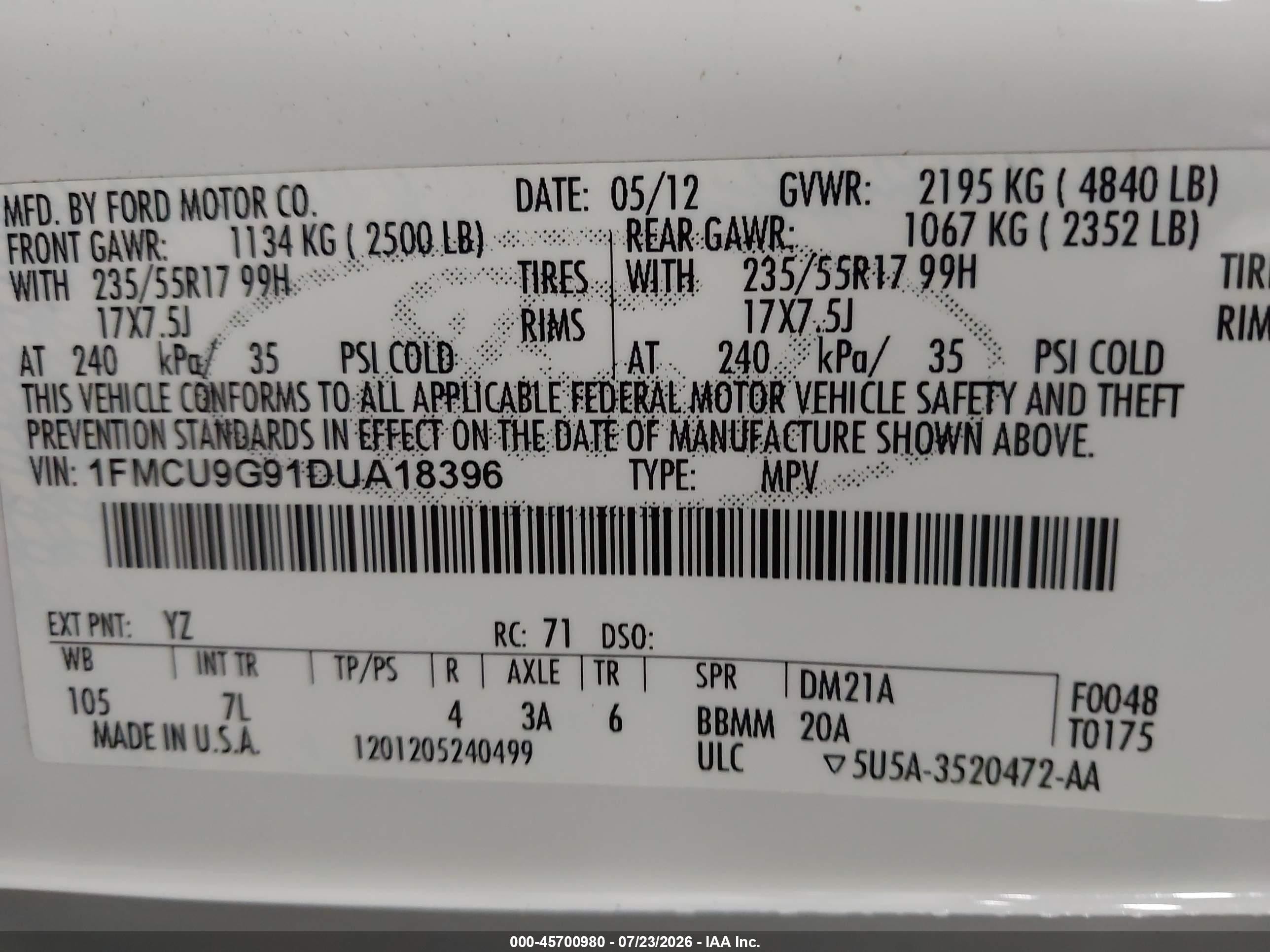 2013 Ford Escape Se White vin: 1FMCU9G91DUA18396