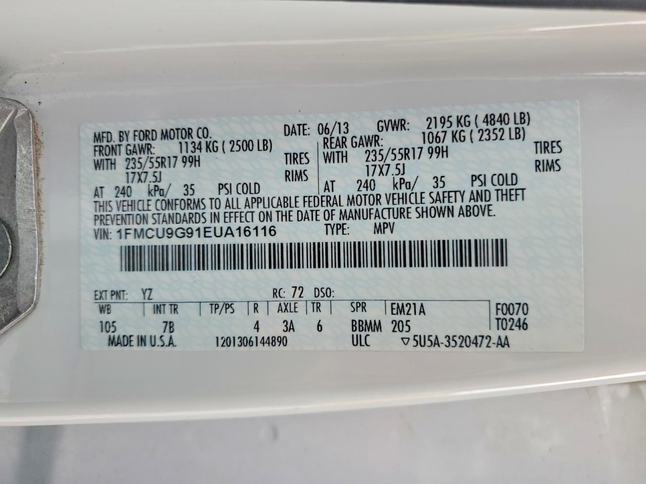 2014 Ford Escape Se White vin: 1FMCU9G91EUA16116