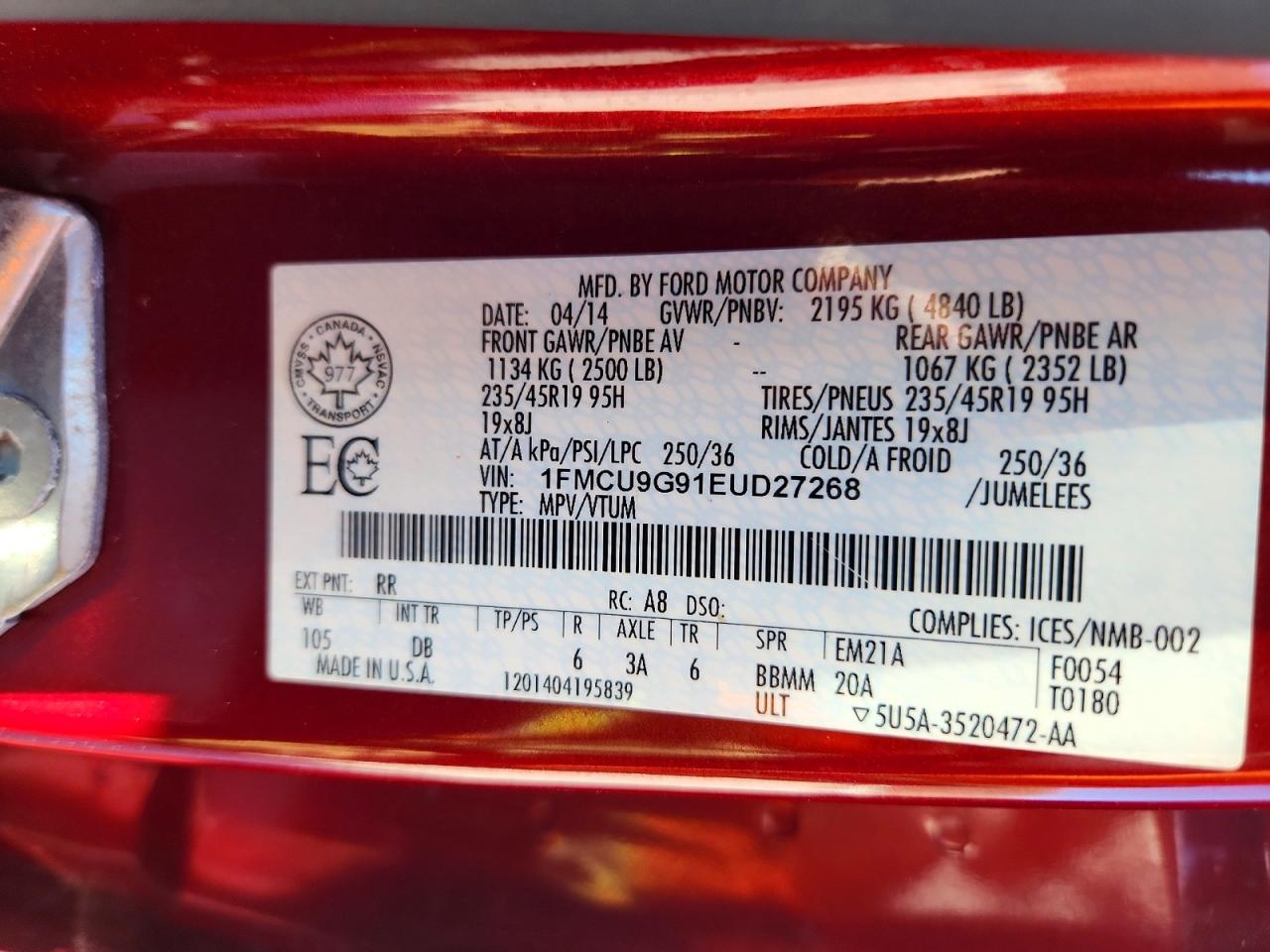 2014 Ford Escape Se Red vin: 1FMCU9G91EUD27268