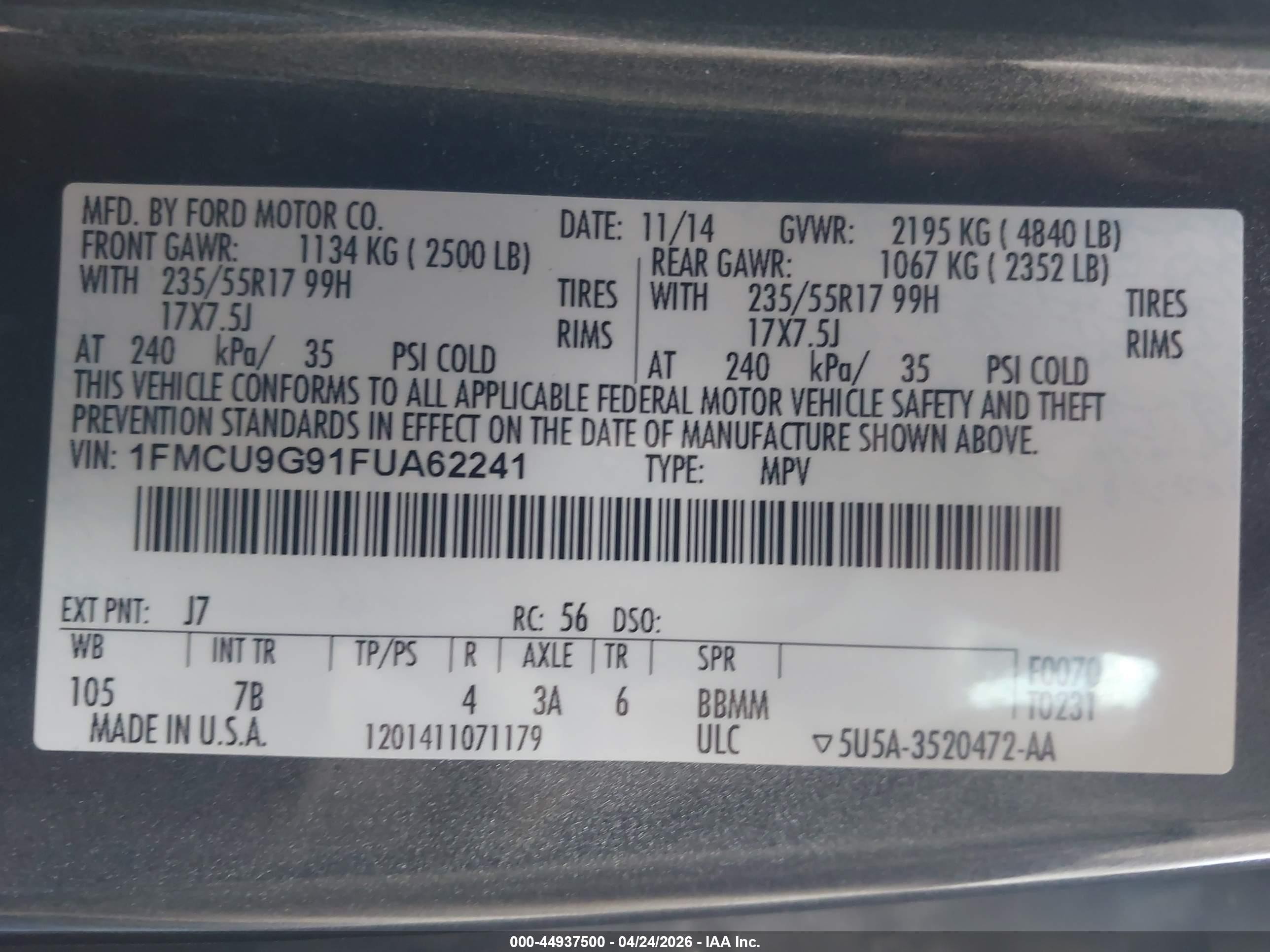 2015 Ford Escape Se Gray vin: 1FMCU9G91FUA62241