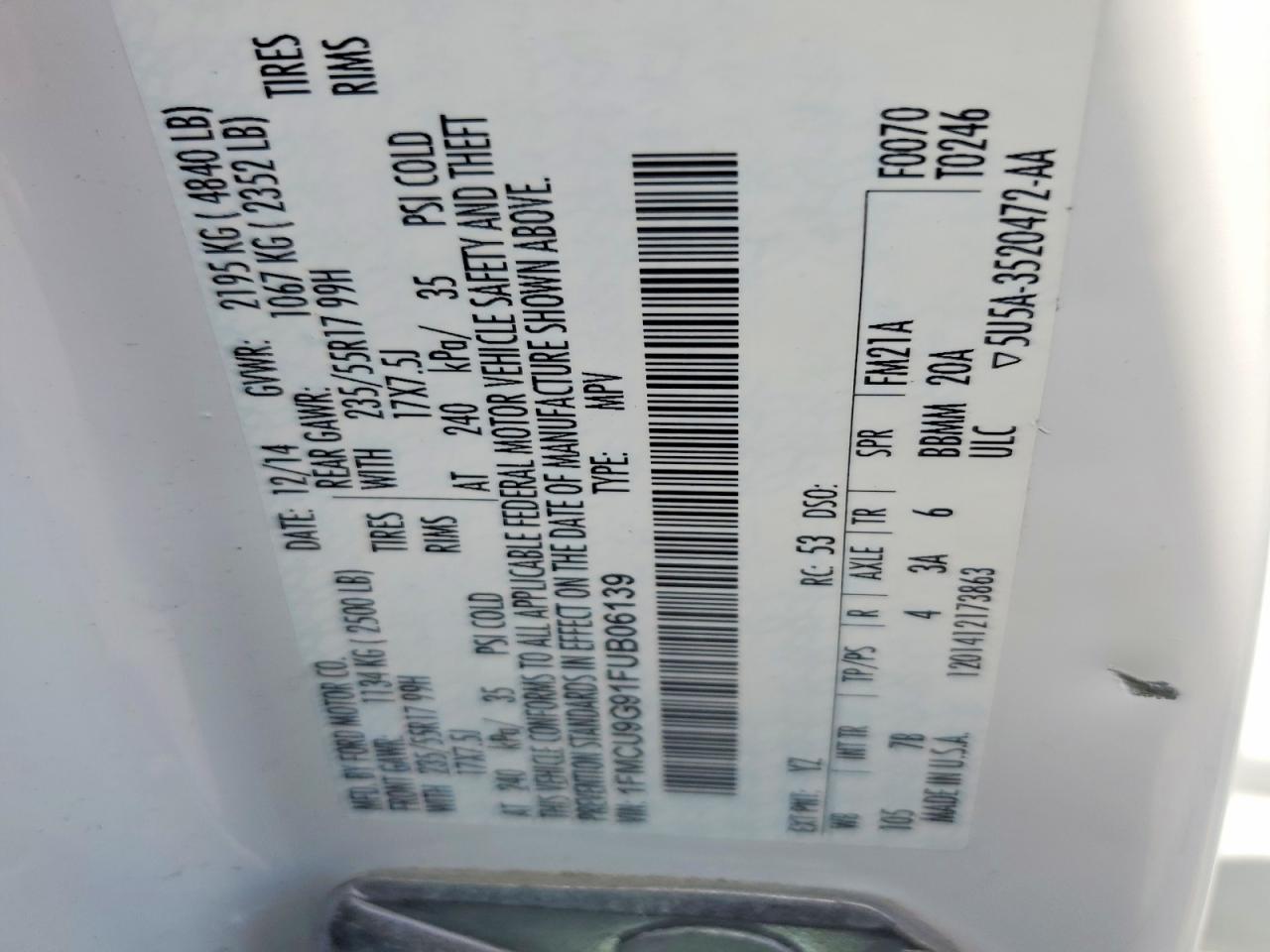 2015 Ford Escape 4d S White vin: 1FMCU9G91FUB06139