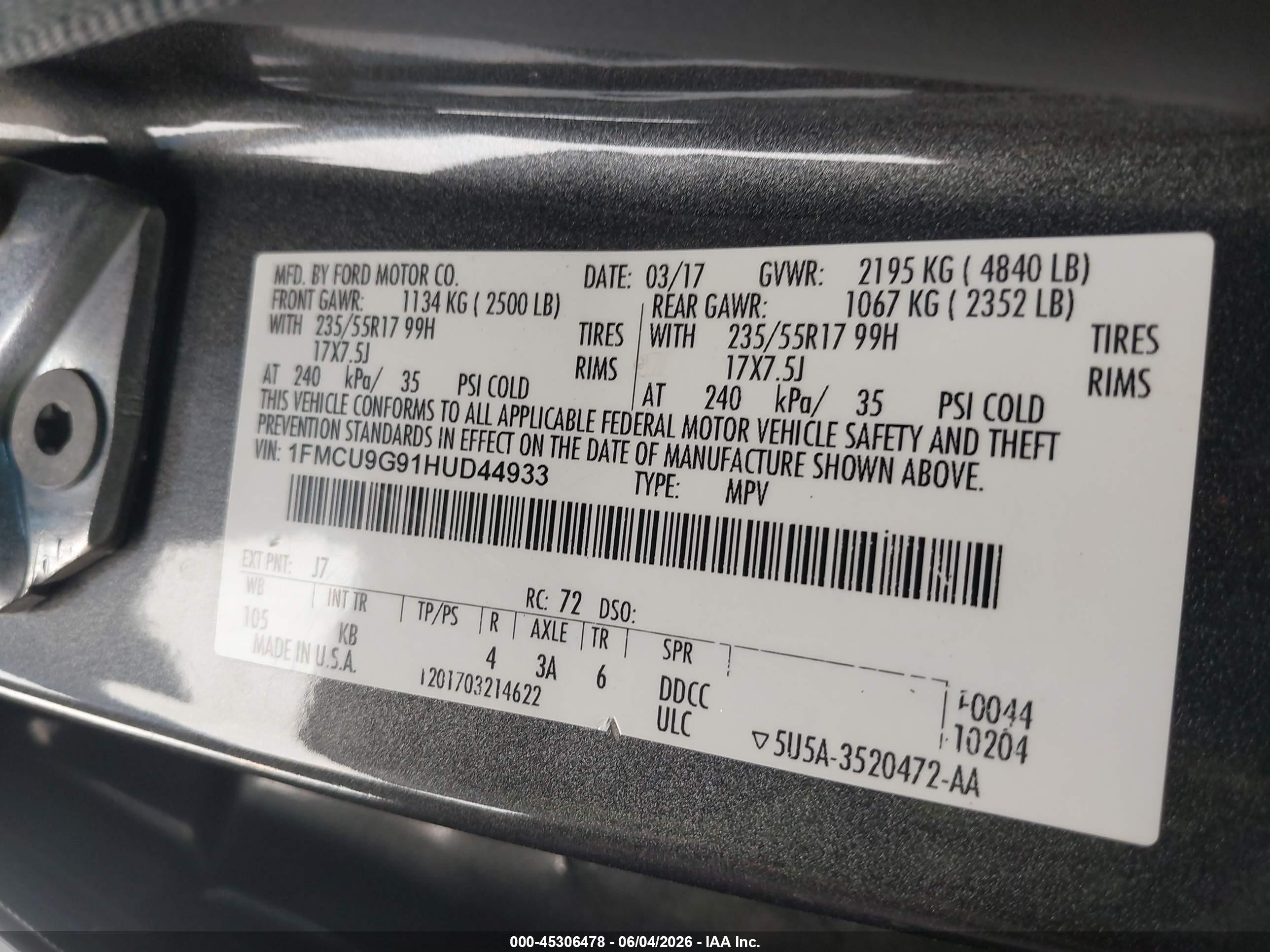 2017 Ford Escape Se Gray vin: 1FMCU9G91HUD44933