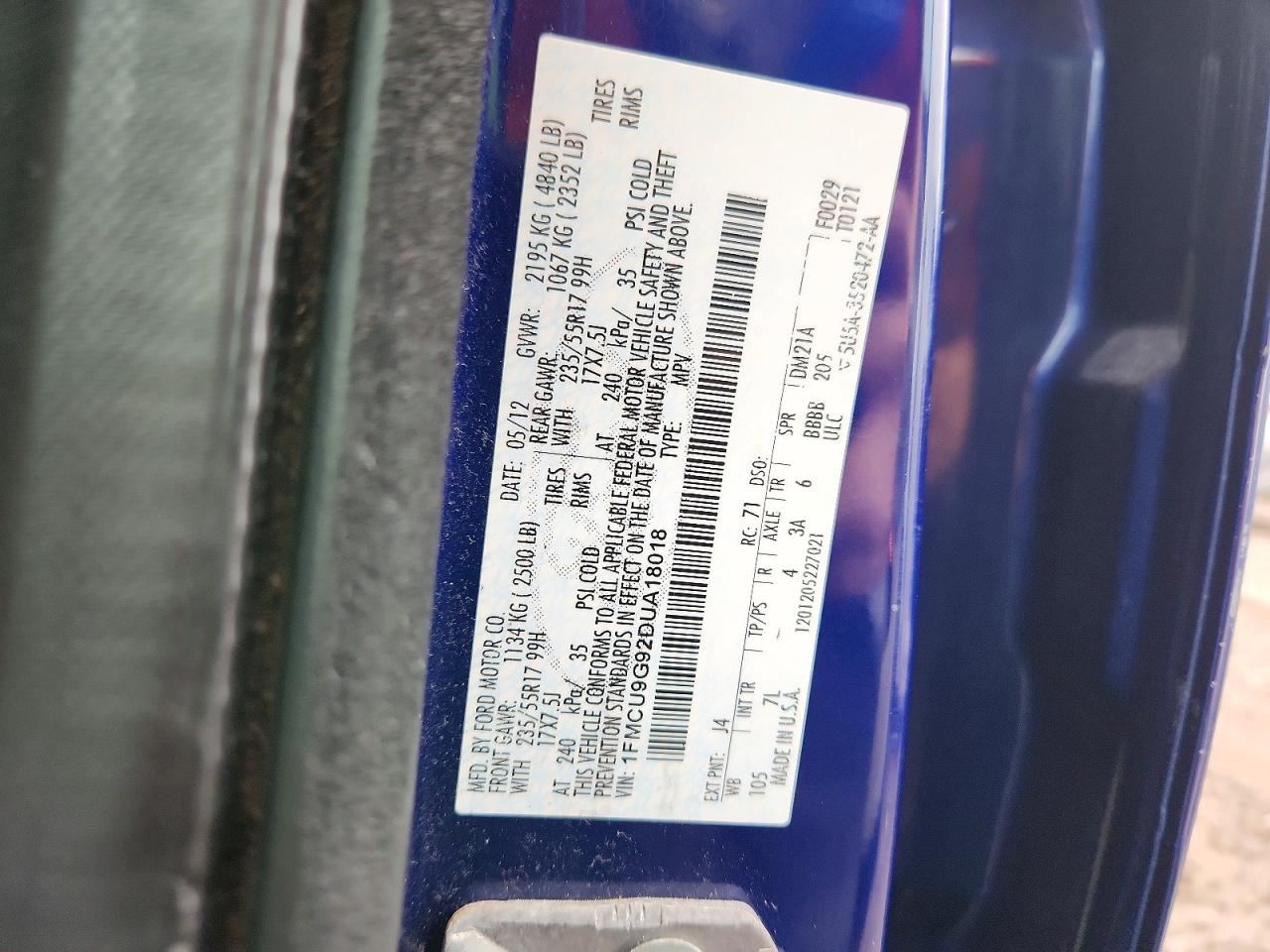 2013 Ford Escape Blue vin: 1FMCU9G92DUA18018