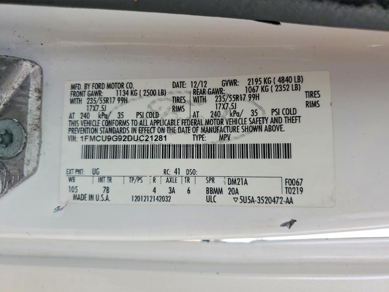 2013 Ford Escape Se White vin: 1FMCU9G92DUC21281
