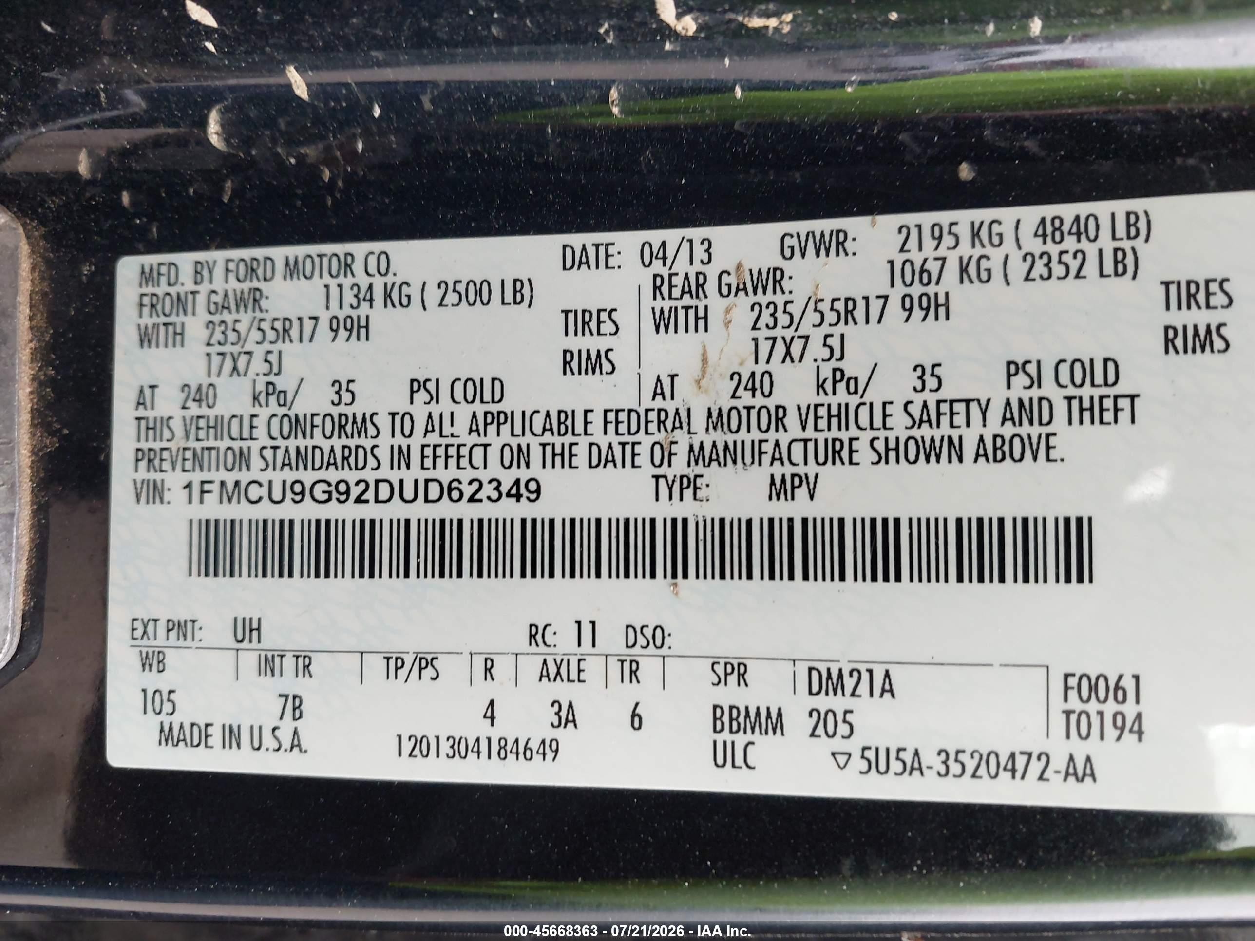 2013 Ford Escape Se Black vin: 1FMCU9G92DUD62349