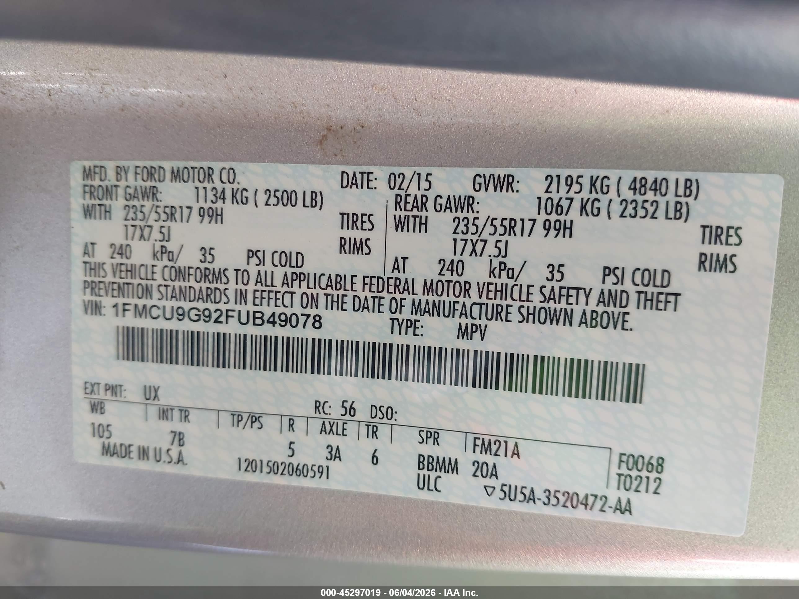 2015 Ford Escape Se Silver vin: 1FMCU9G92FUB49078