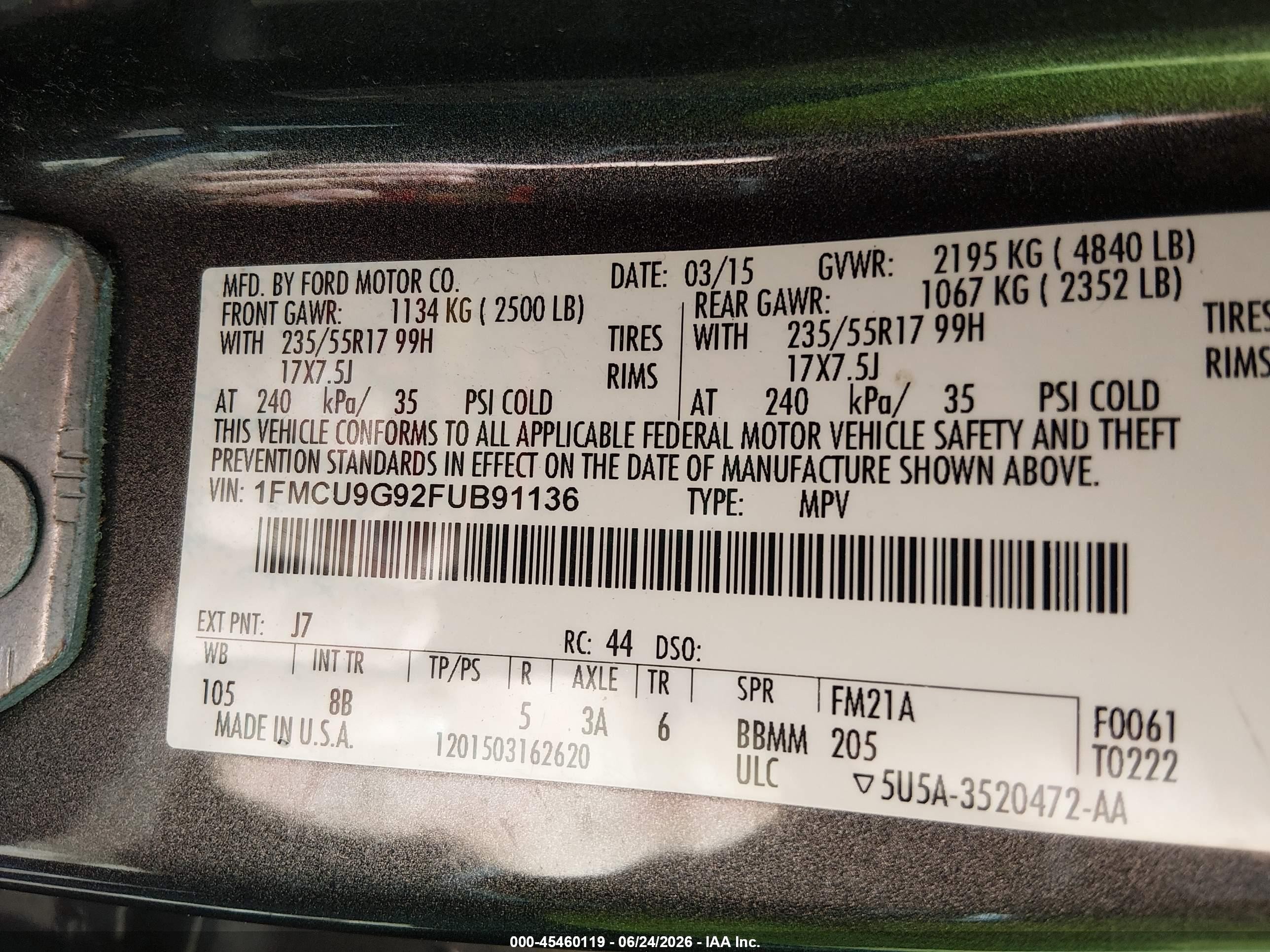2015 Ford Escape Se Gray vin: 1FMCU9G92FUB91136