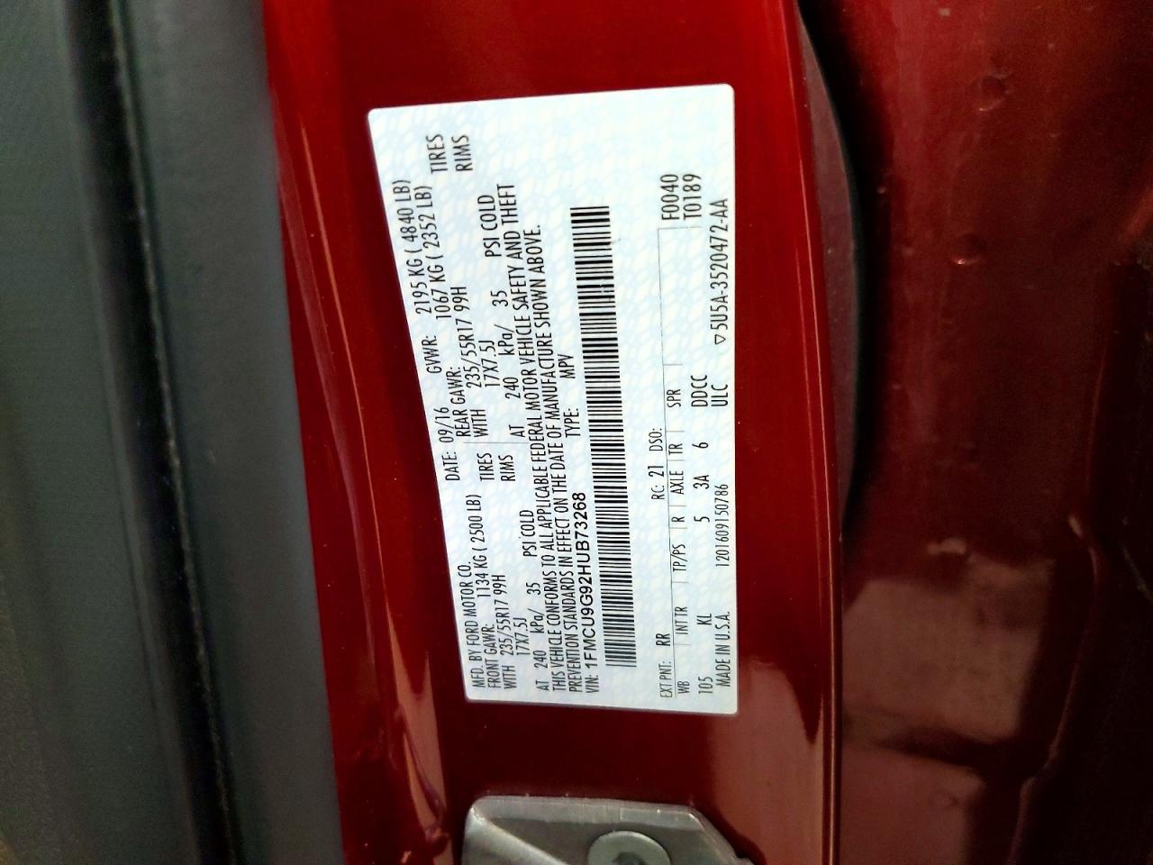 2017 Ford Escape Se Red vin: 1FMCU9G92HUB73268