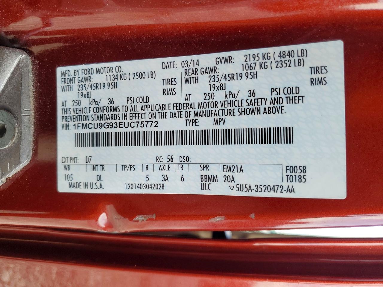2014 Ford Escape Se Red vin: 1FMCU9G93EUC75772