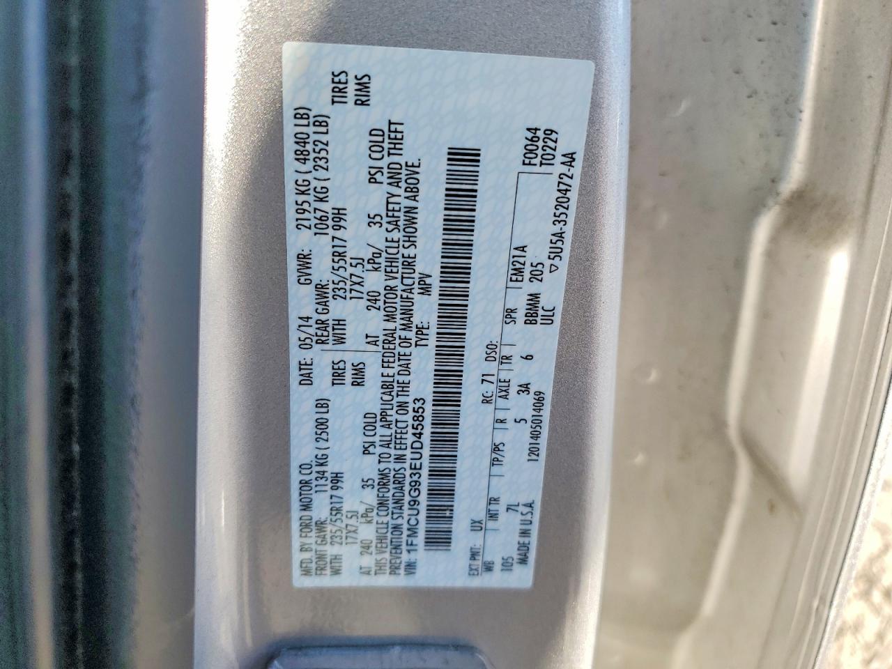 2014 Ford Escape Se Silver vin: 1FMCU9G93EUD45853