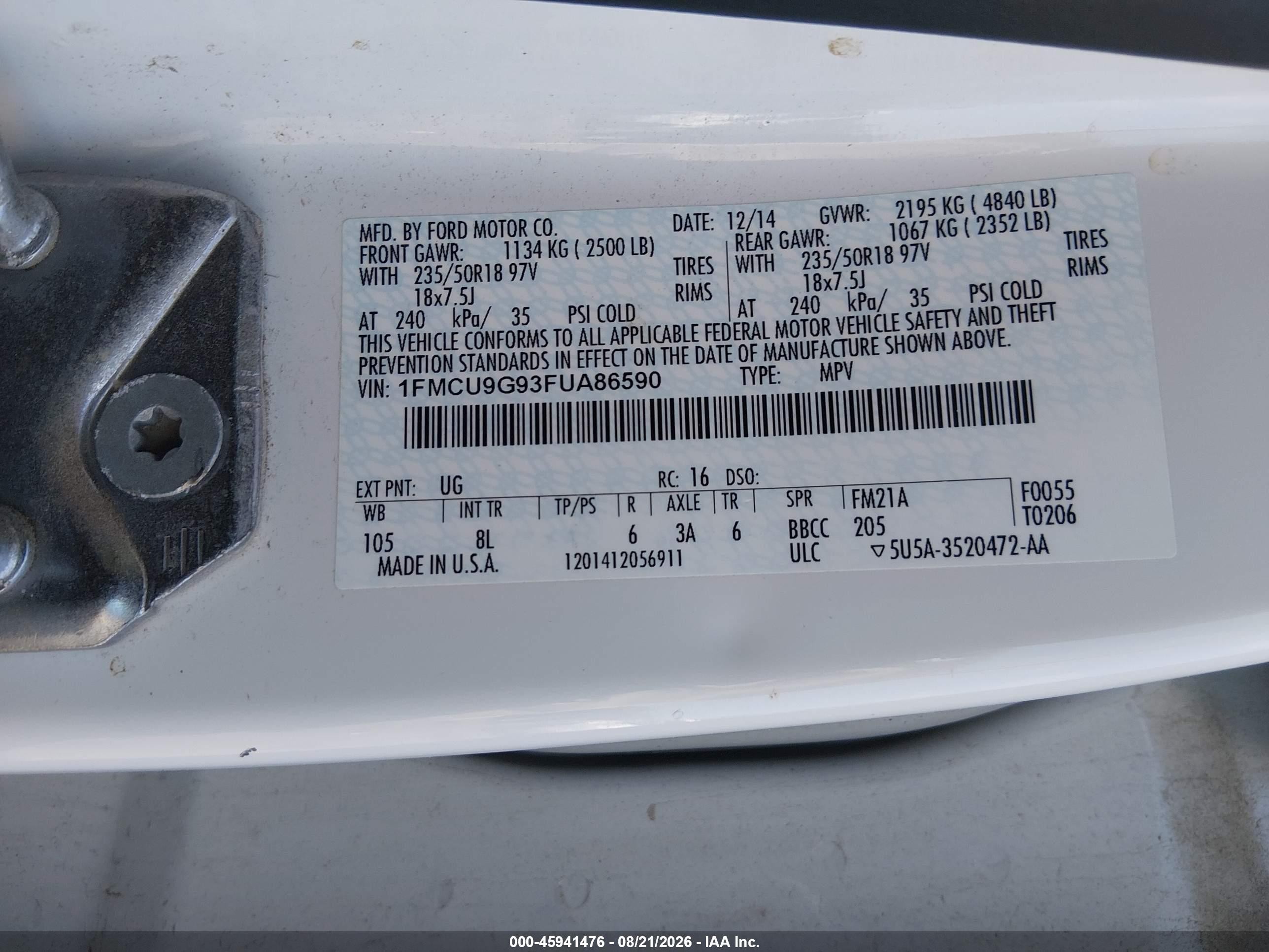 2015 Ford Escape Se White vin: 1FMCU9G93FUA86590