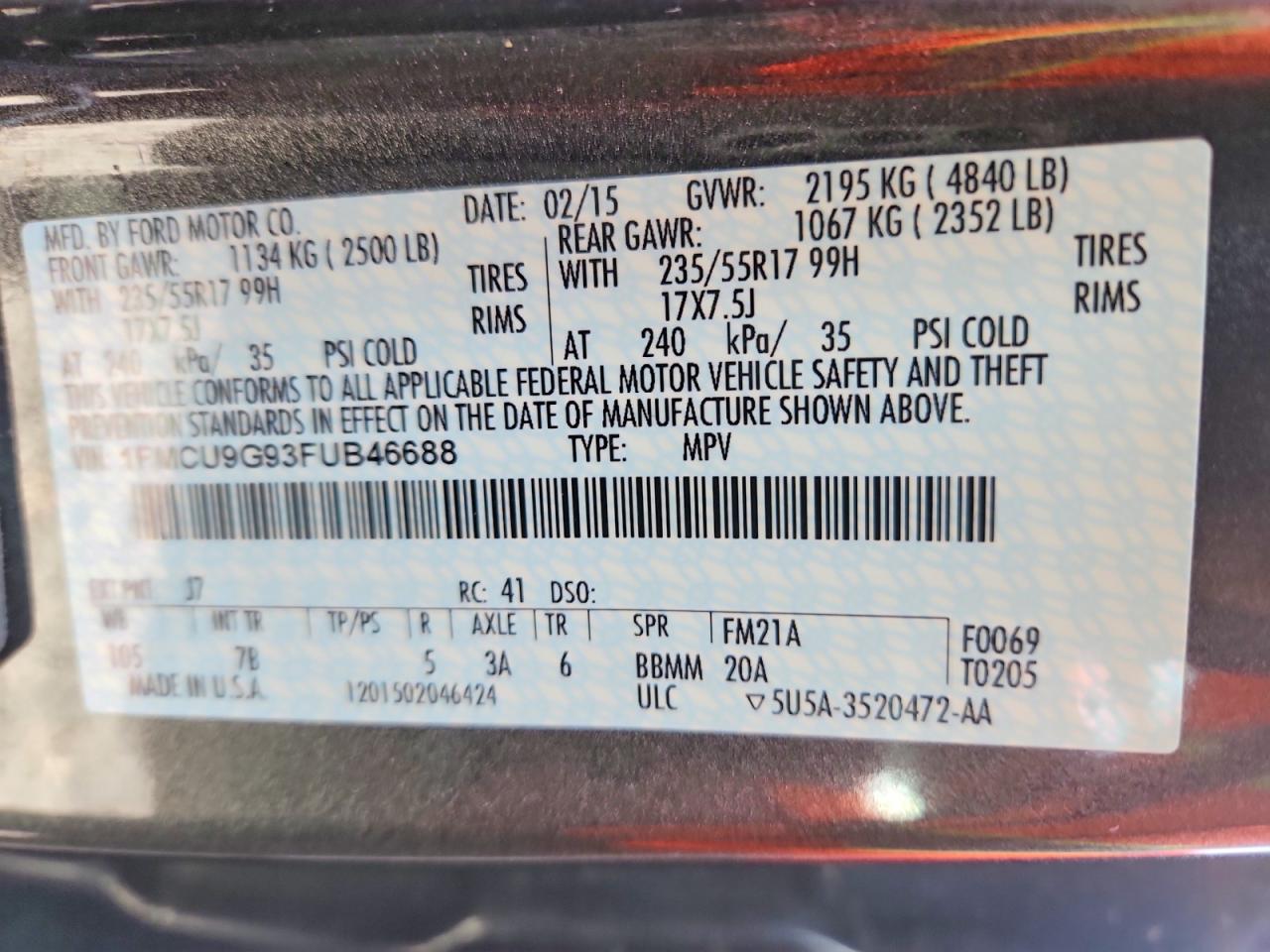 2015 Ford Escape Se Gray vin: 1FMCU9G93FUB46688