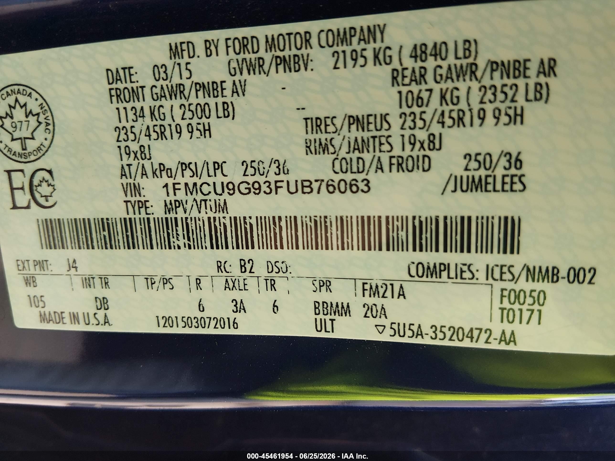 2015 Ford Escape Se Blue vin: 1FMCU9G93FUB76063