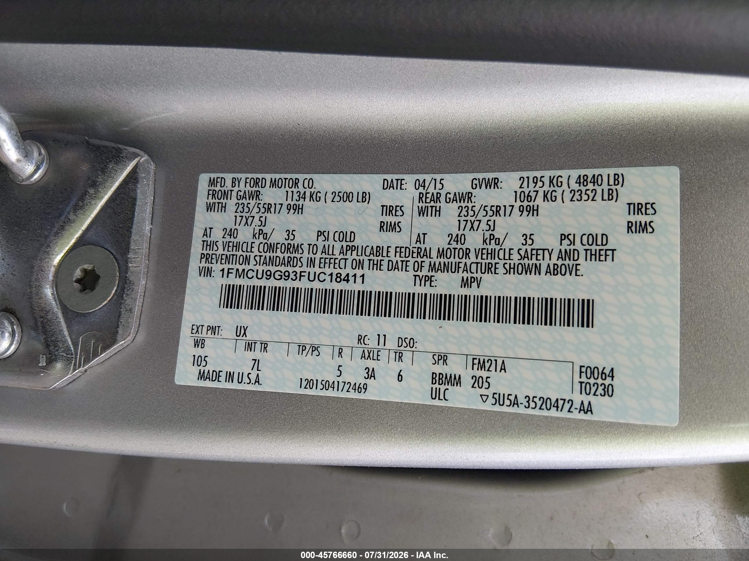 2015 Ford Escape Se Silver vin: 1FMCU9G93FUC18411