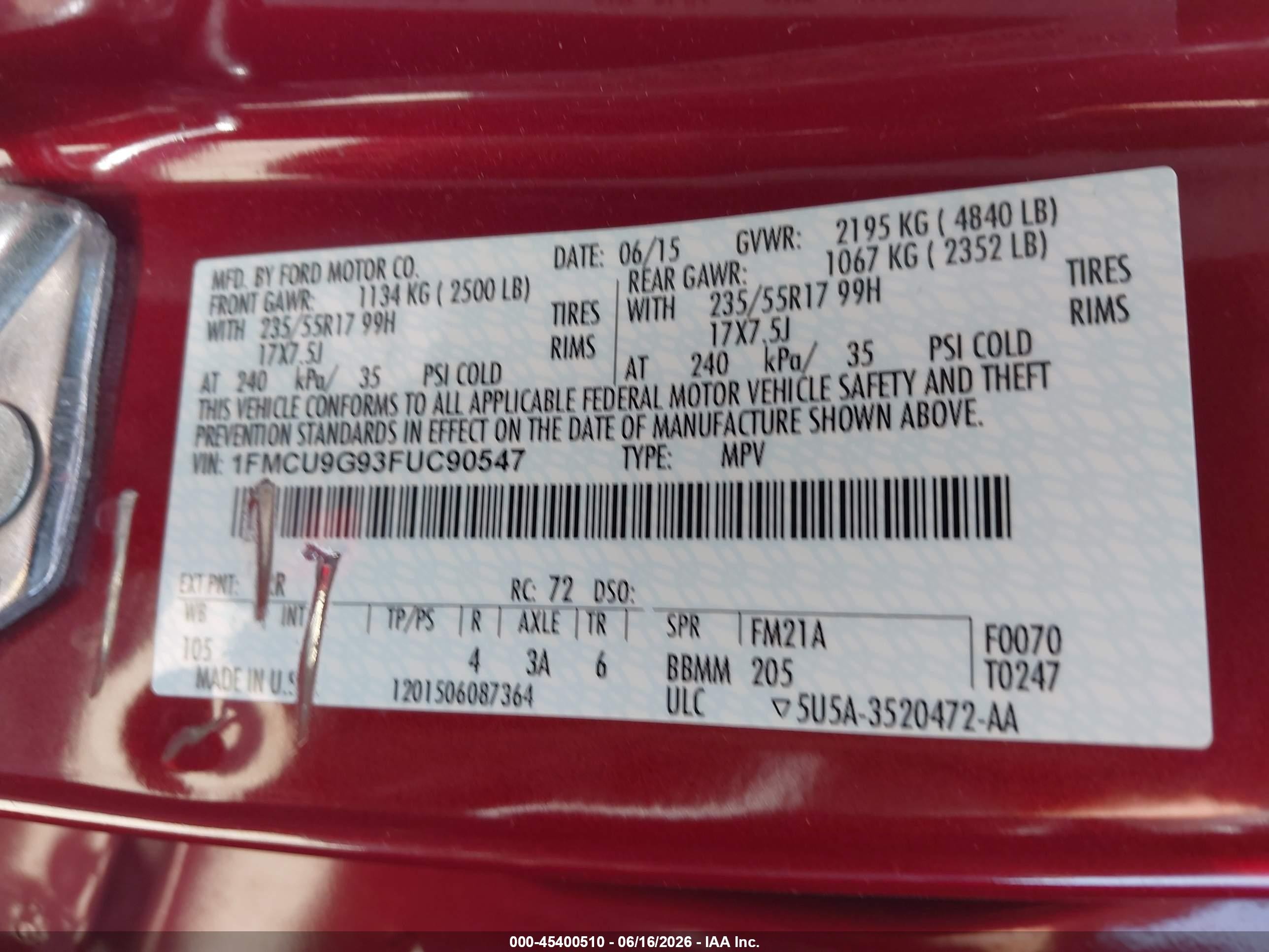 2015 Ford Escape Se Red vin: 1FMCU9G93FUC90547