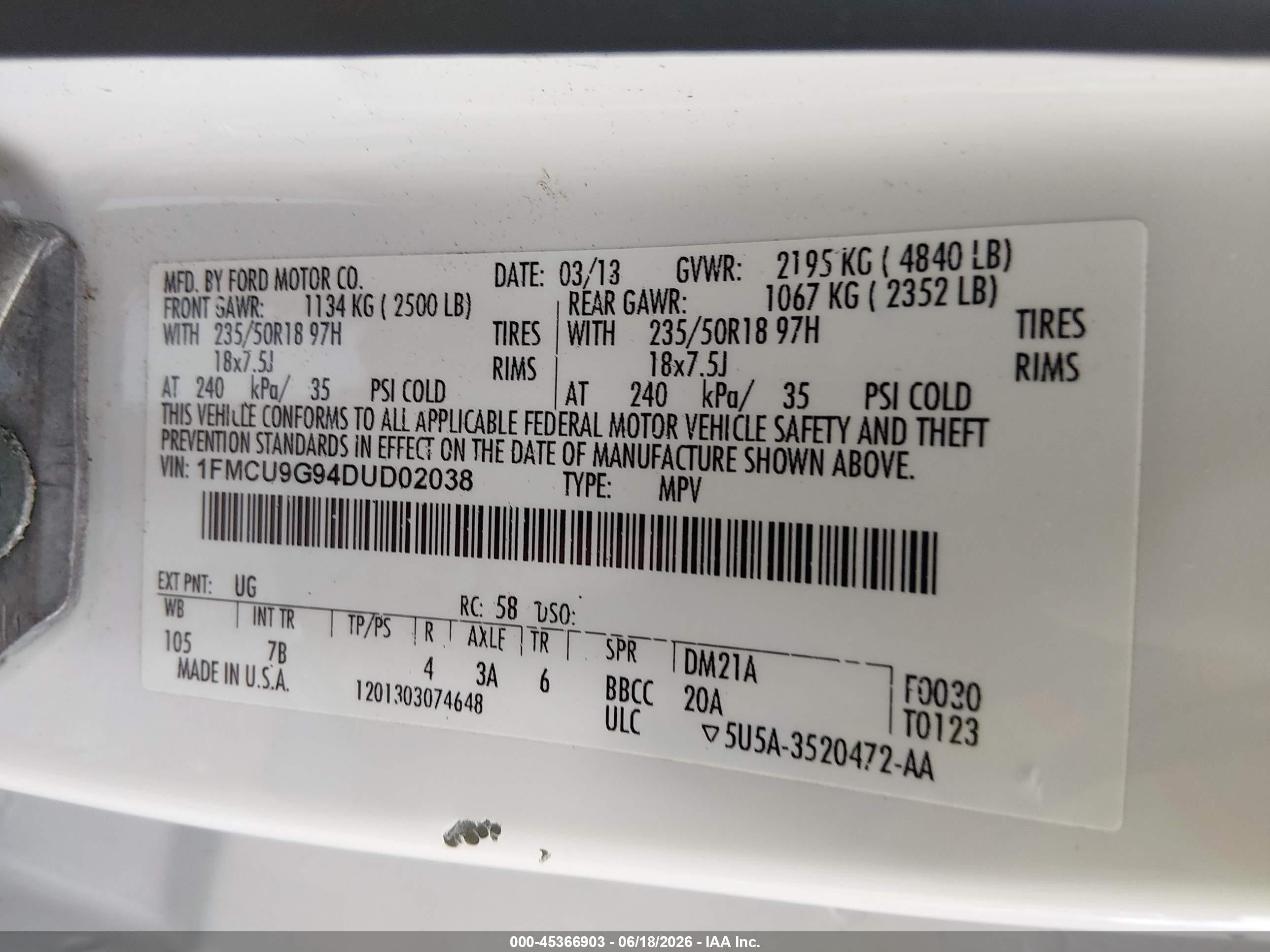 2013 Ford Escape Se White vin: 1FMCU9G94DUD02038