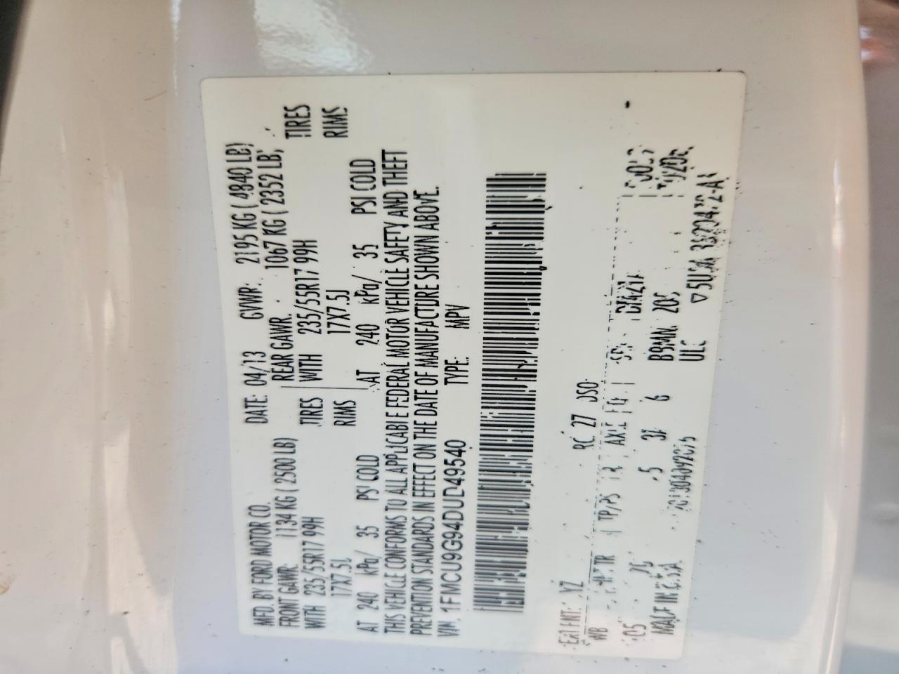 2013 Ford Escape Se White vin: 1FMCU9G94DUD49540