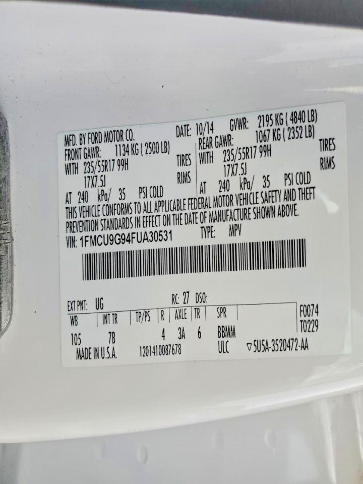 2015 Ford Escape Se White vin: 1FMCU9G94FUA30531