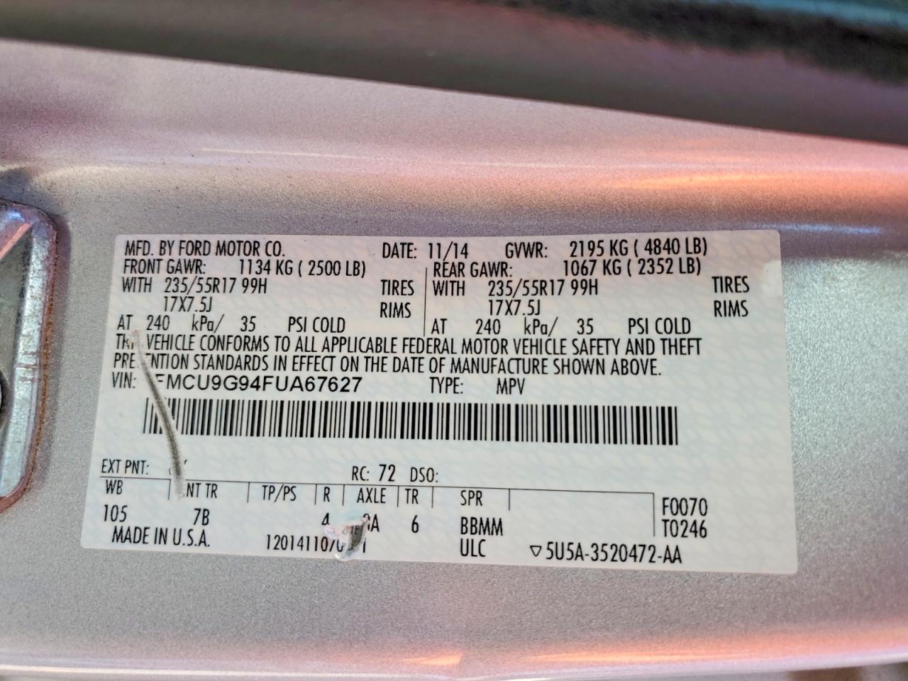 2015 Ford Escape Se Silver vin: 1FMCU9G94FUA67627