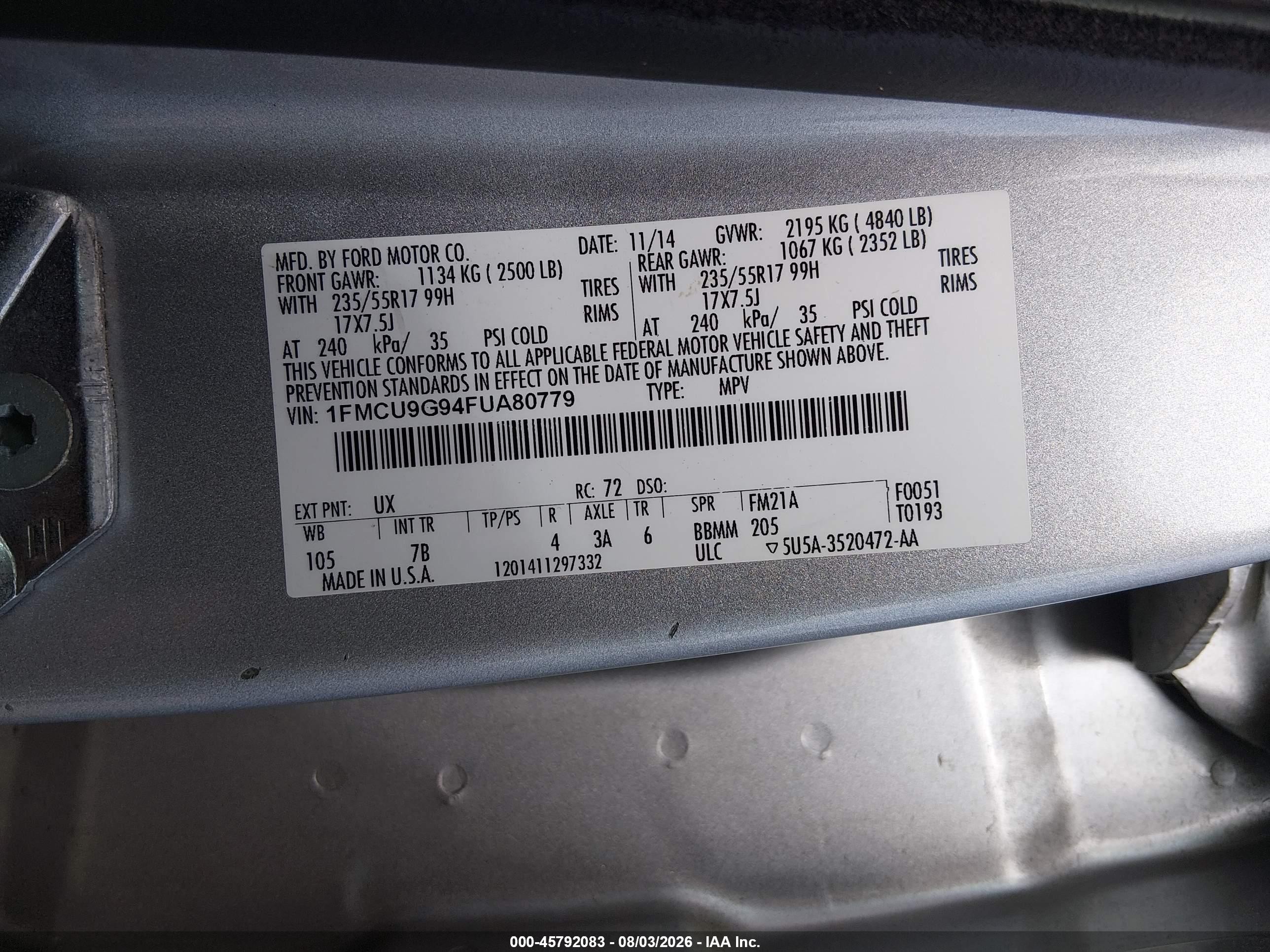 2015 Ford Escape Se Silver vin: 1FMCU9G94FUA80779