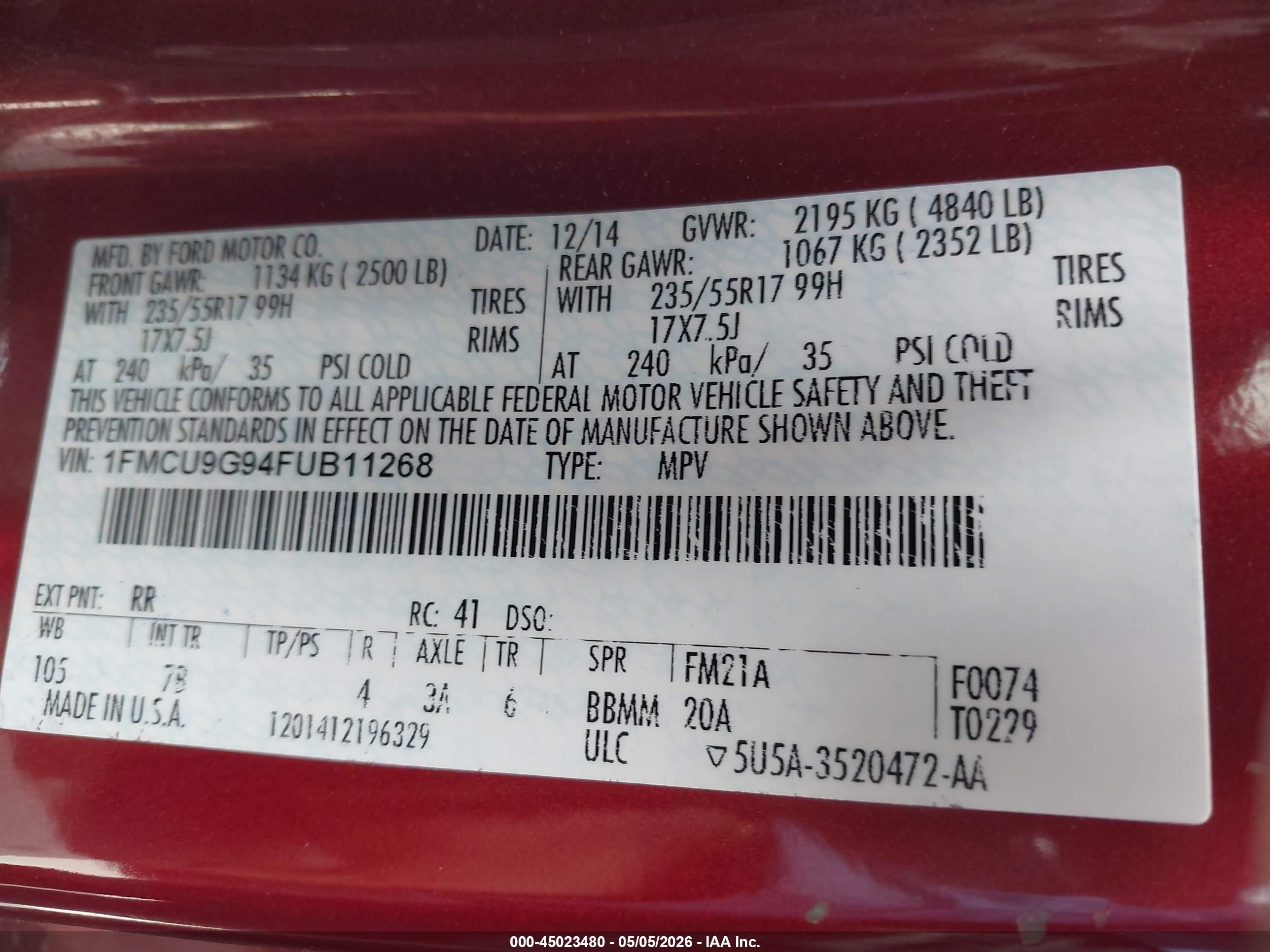 2015 Ford Escape Se Maroon vin: 1FMCU9G94FUB11268