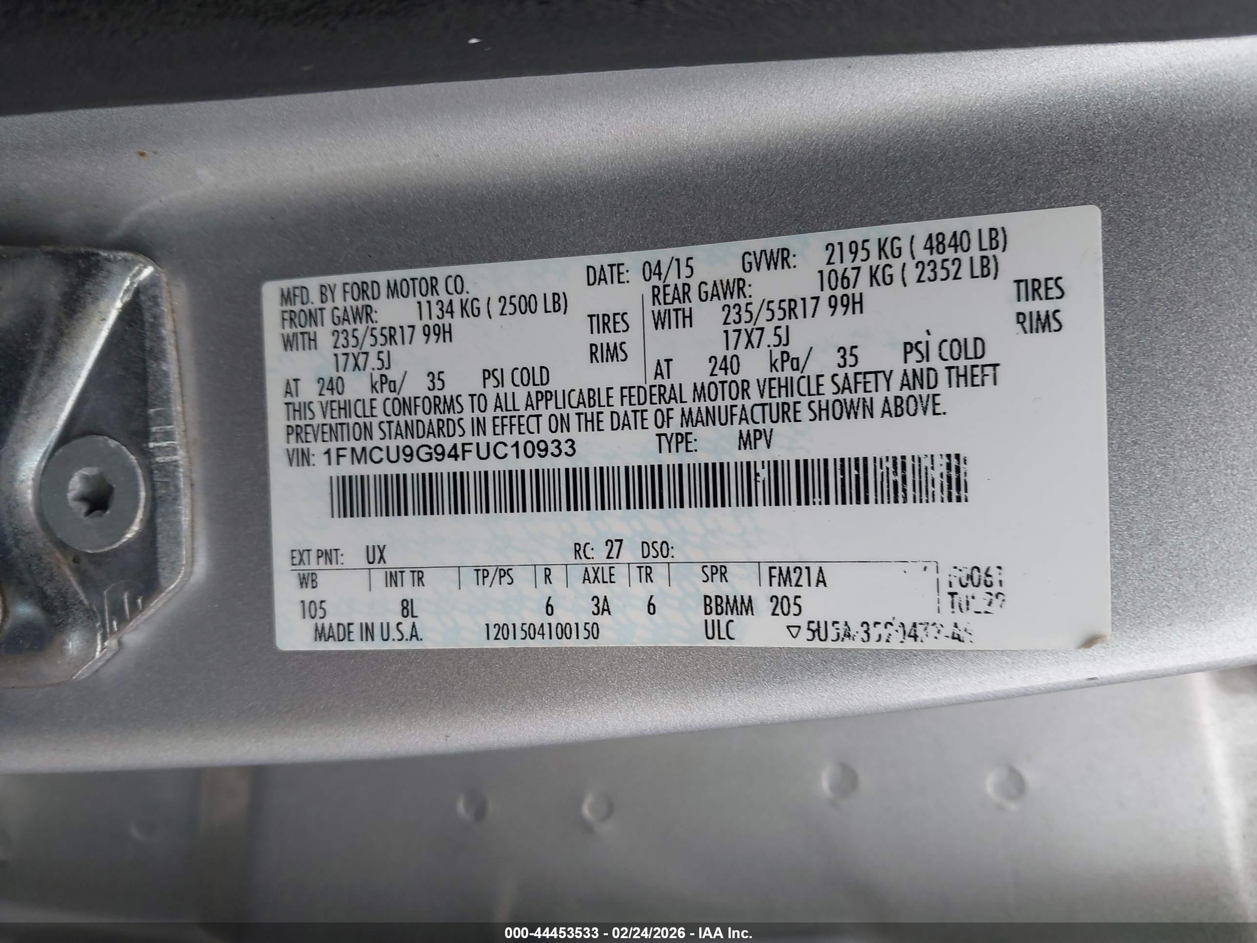 2015 Ford Escape Se Silver vin: 1FMCU9G94FUC10933