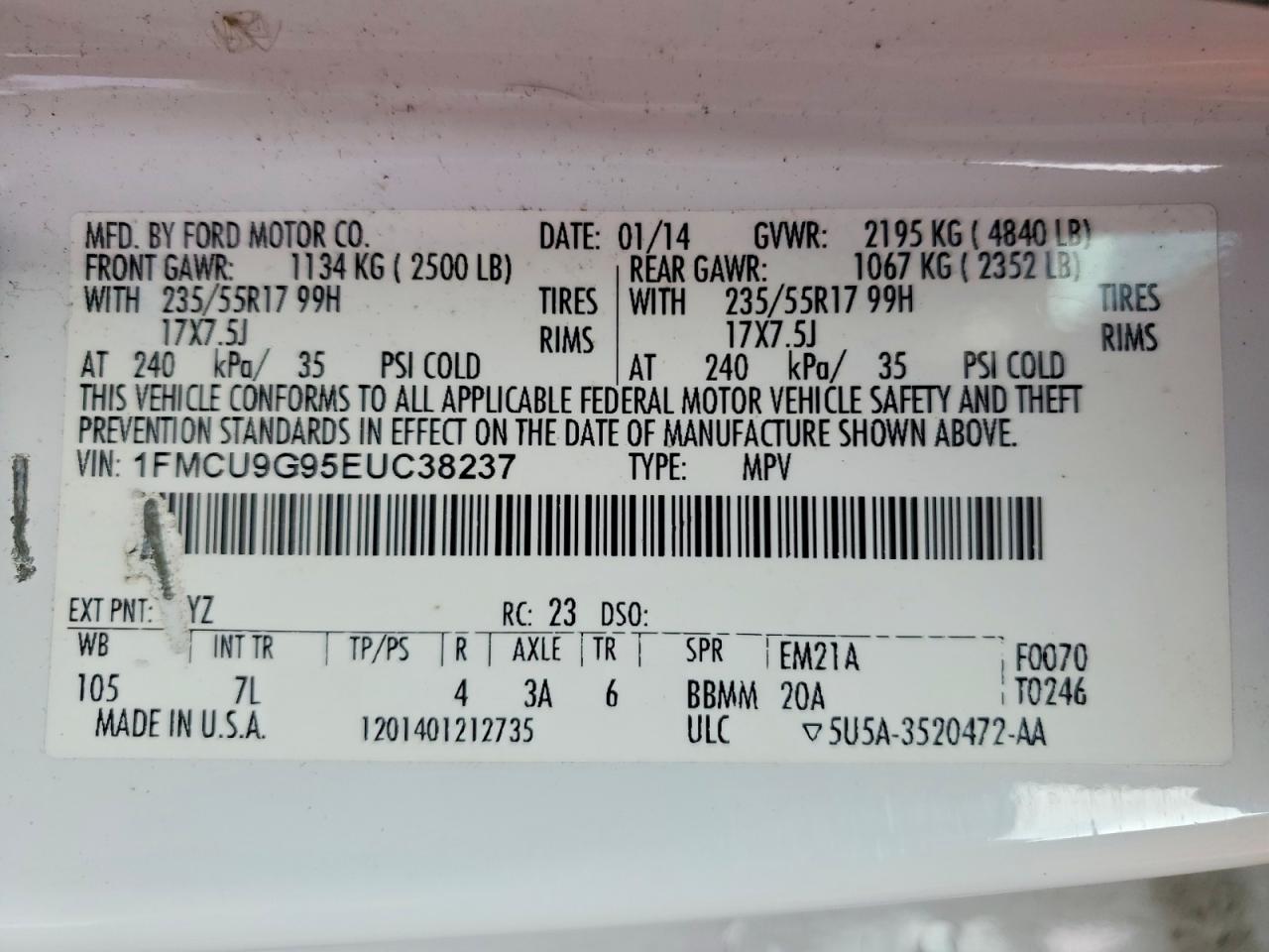 2014 Ford Escape Se White vin: 1FMCU9G95EUC38237