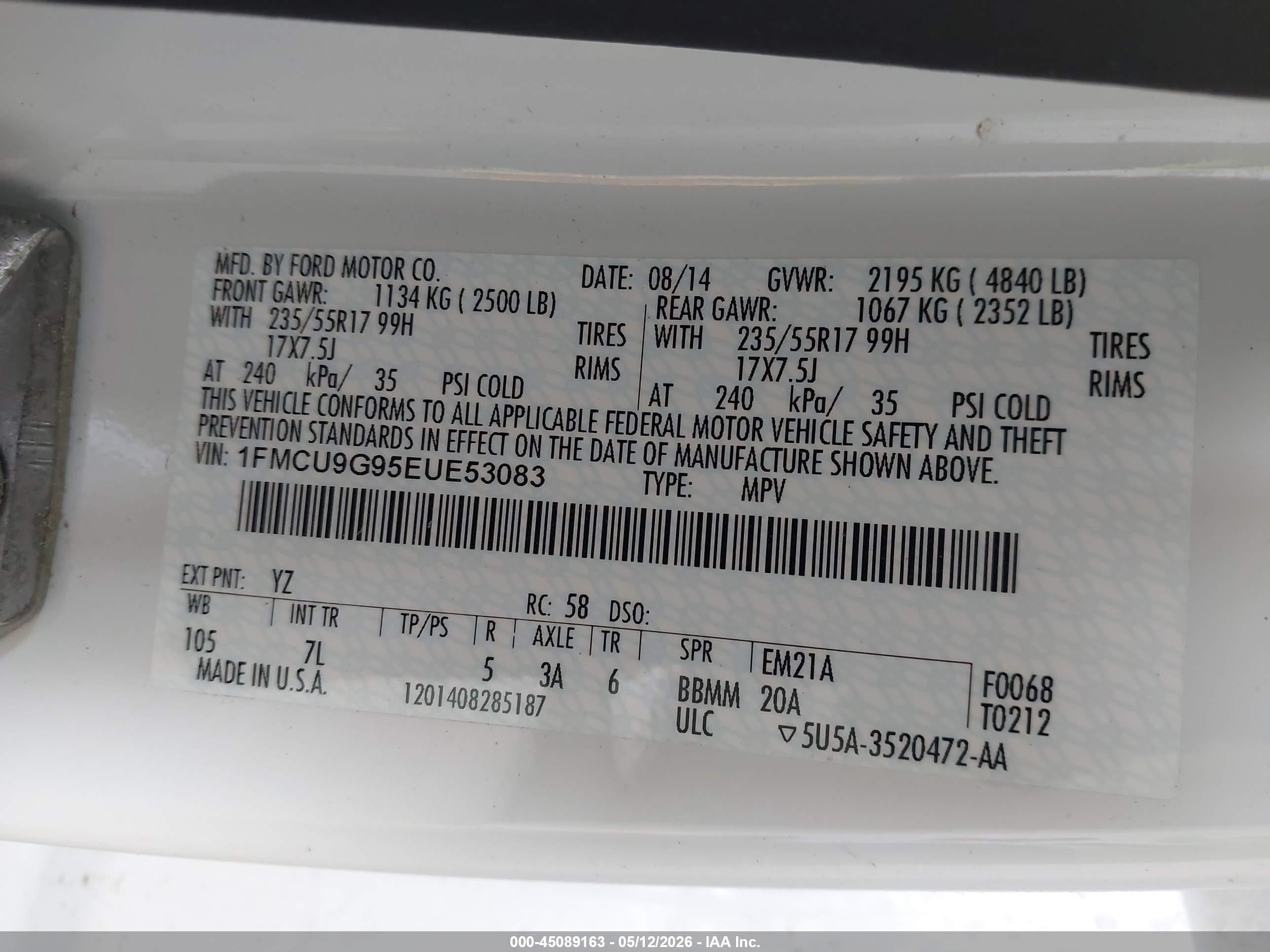 2014 Ford Escape Se White vin: 1FMCU9G95EUE53083