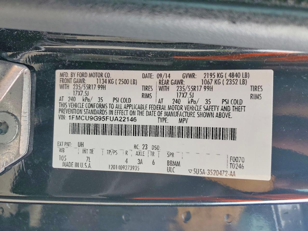 2015 Ford Escape Se Black vin: 1FMCU9G95FUA22146