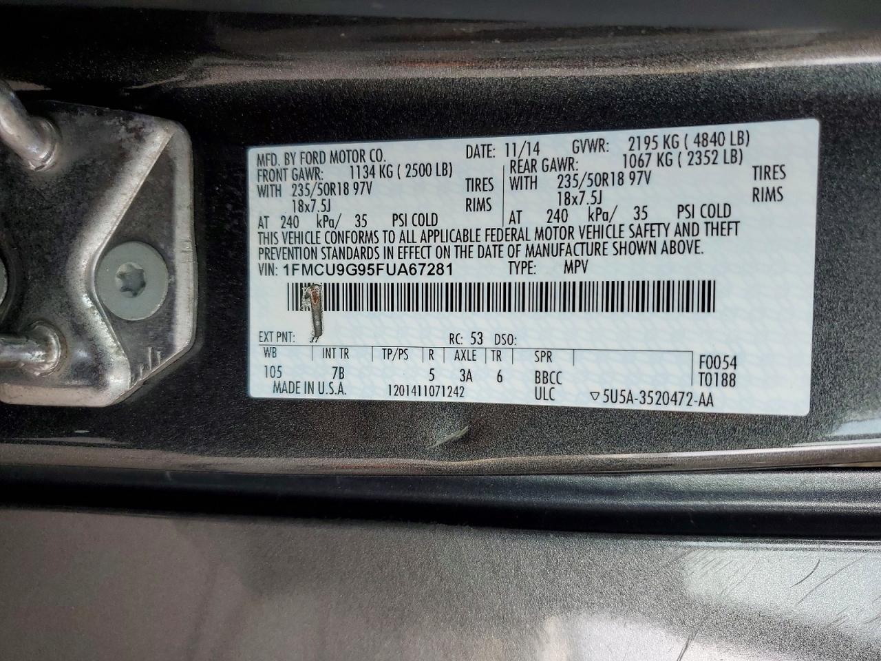 2015 Ford Escape Se Gray vin: 1FMCU9G95FUA67281