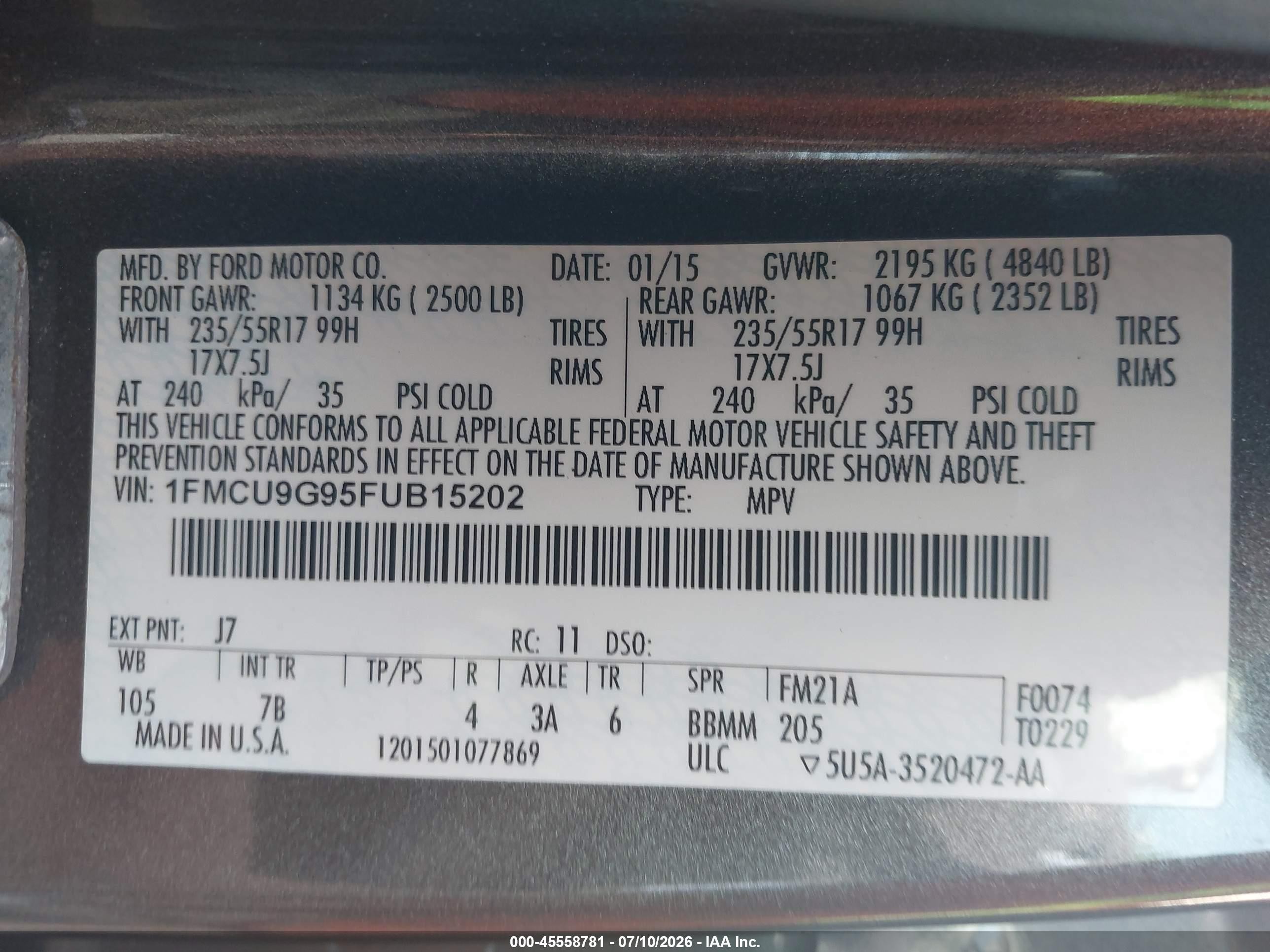2015 Ford Escape Se Gray vin: 1FMCU9G95FUB15202