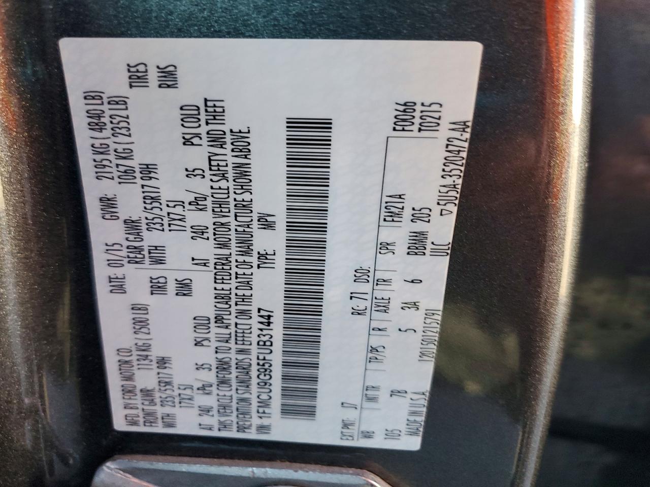 2015 Ford Escape Se Charcoal vin: 1FMCU9G95FUB31447