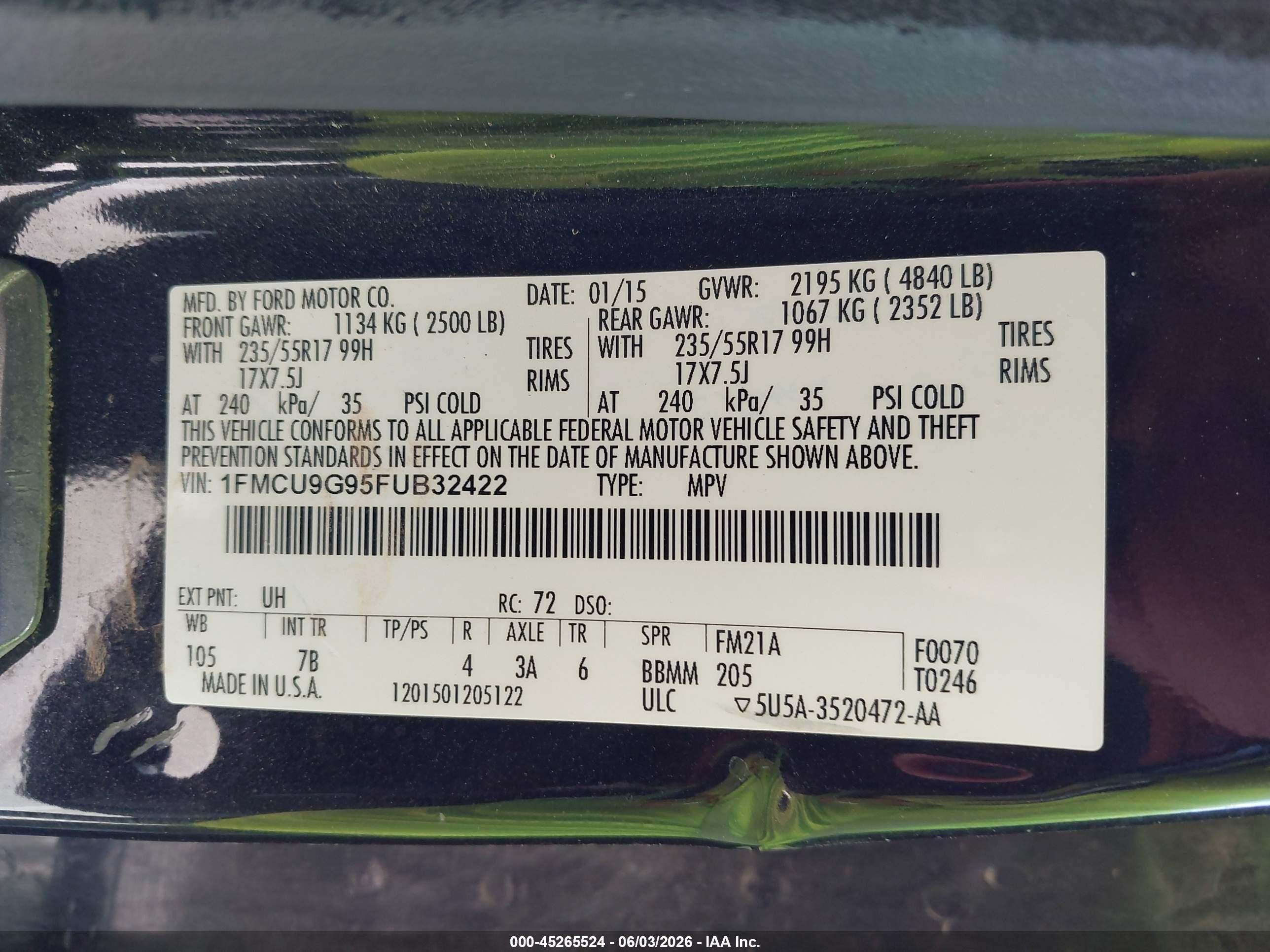 2015 Ford Escape Se Black vin: 1FMCU9G95FUB32422