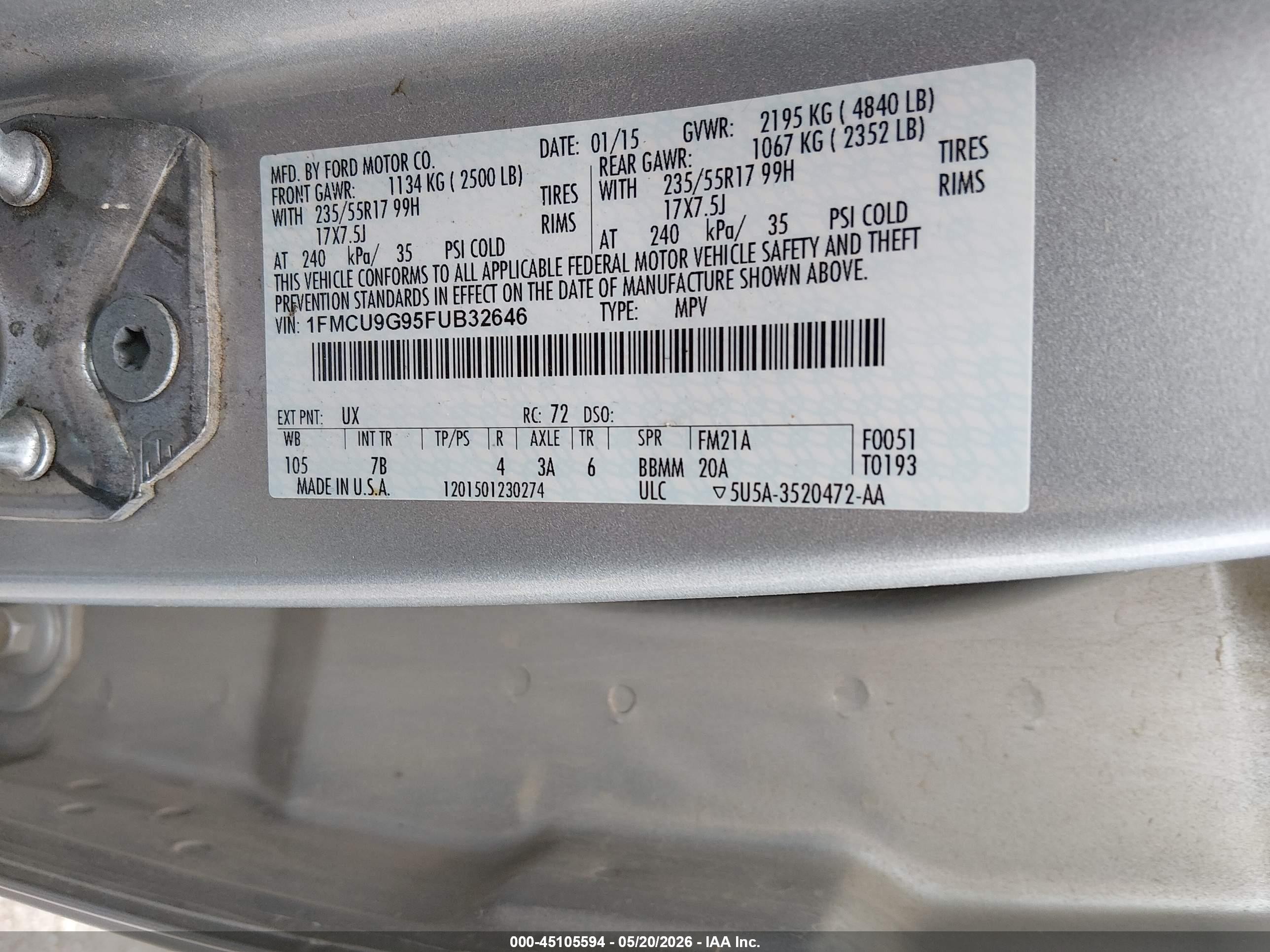 2015 Ford Escape Se Silver vin: 1FMCU9G95FUB32646