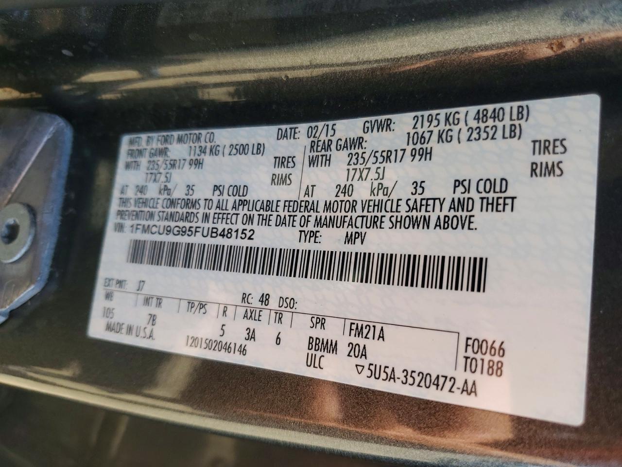 2015 Ford Escape Se Charcoal vin: 1FMCU9G95FUB48152
