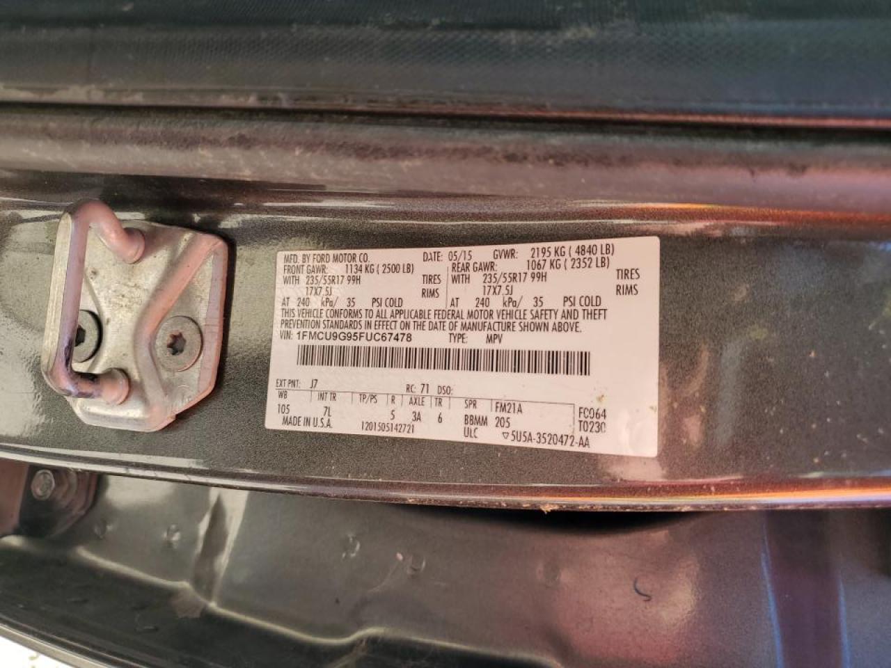 2015 Ford Escape Se Gray vin: 1FMCU9G95FUC67478