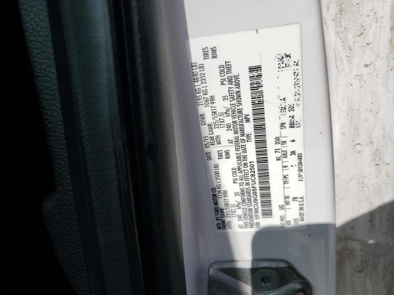 2015 Ford Escape Se White vin: 1FMCU9G95FUC82501