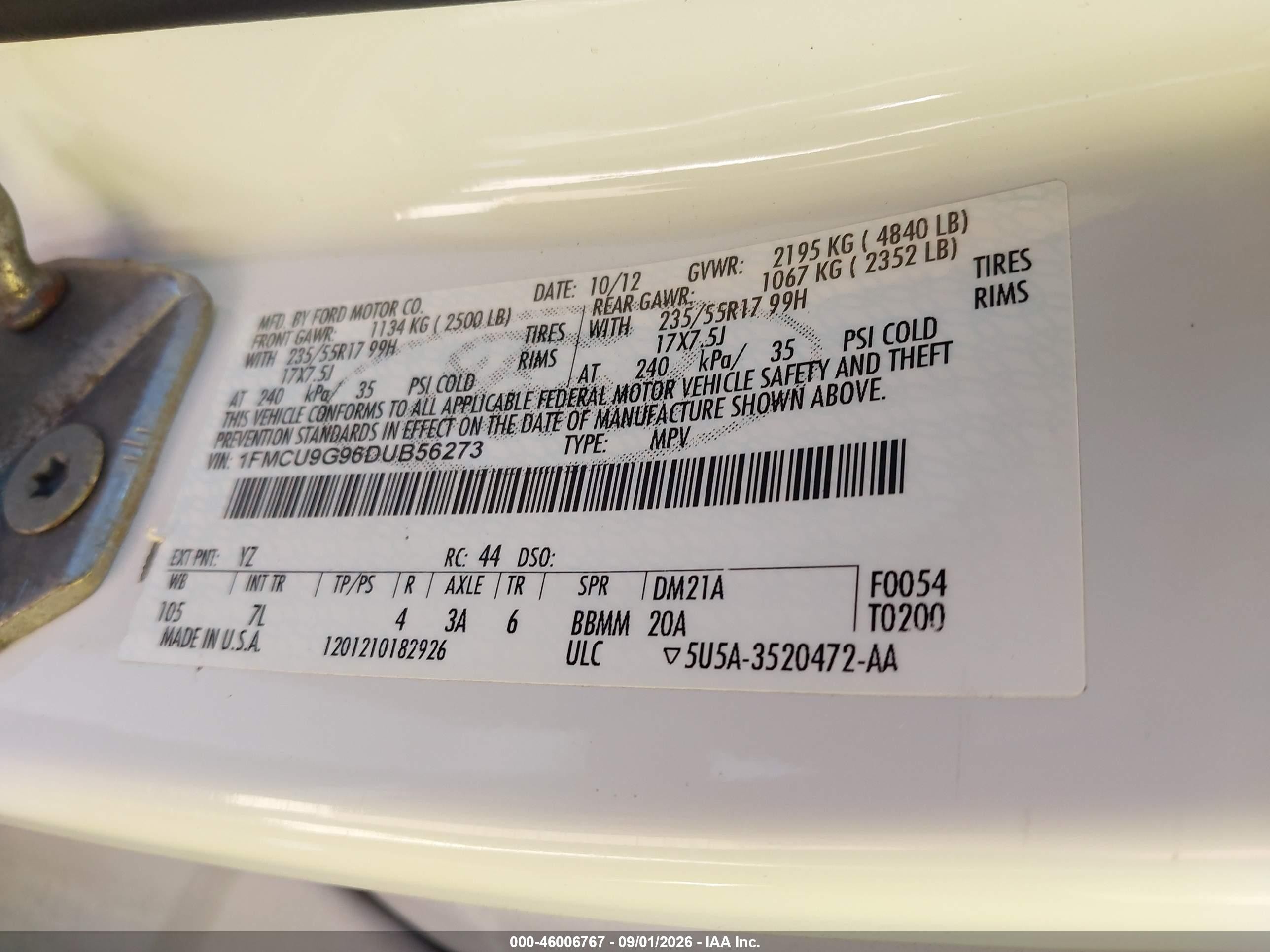 2013 Ford Escape Se White vin: 1FMCU9G96DUB56273
