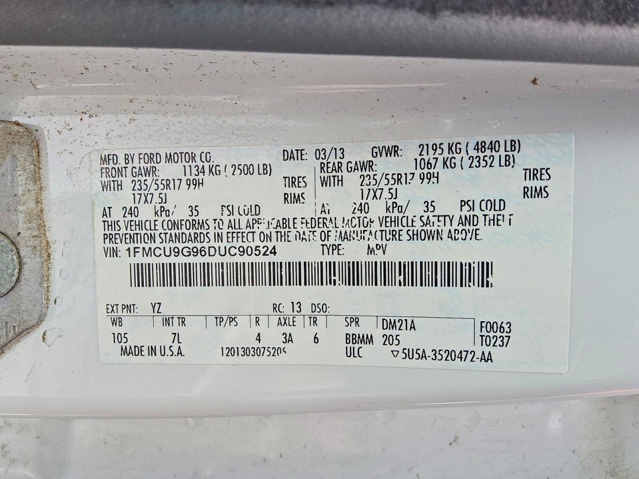 2013 Ford Escape Se White vin: 1FMCU9G96DUC90524