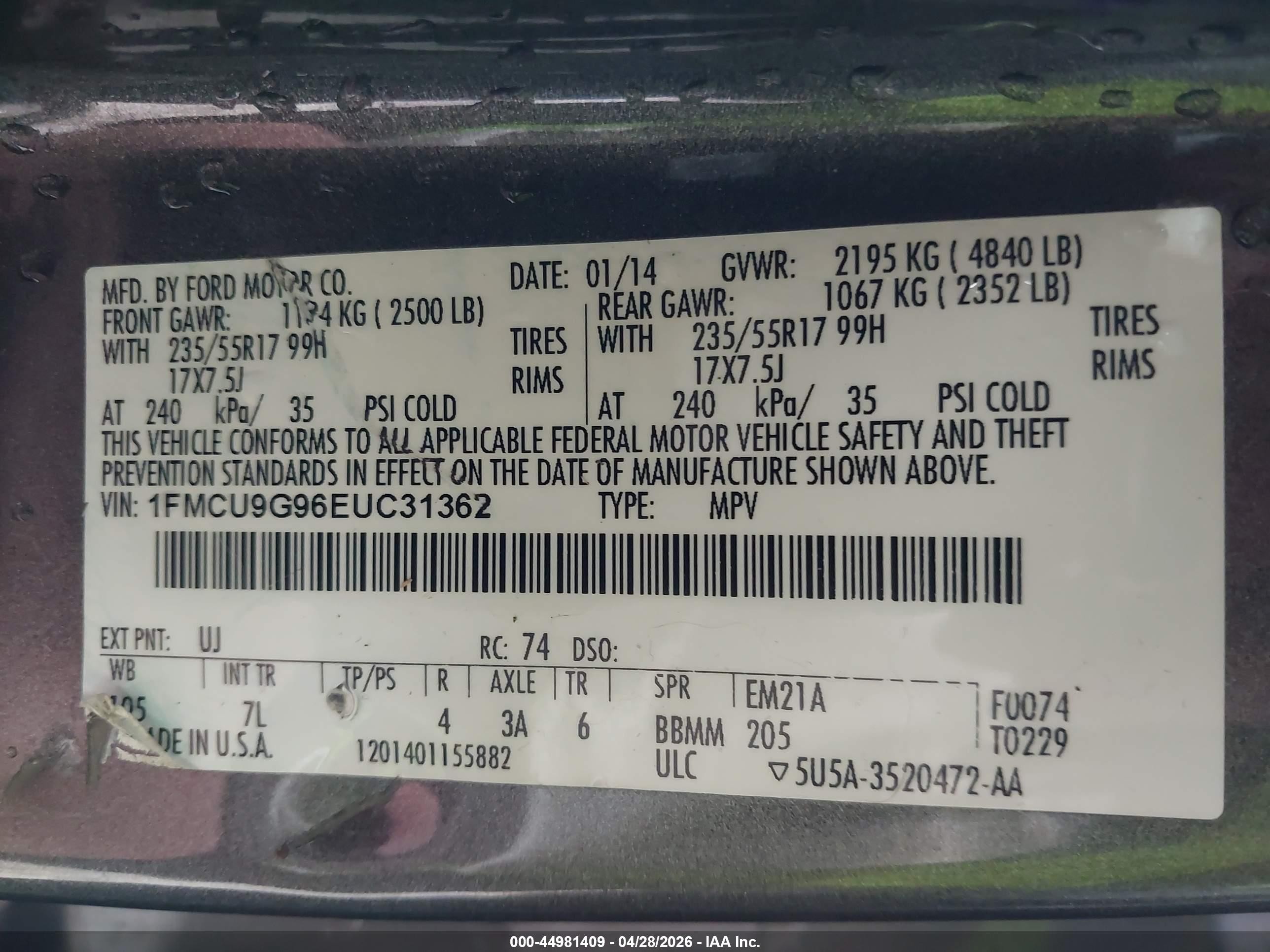 2014 Ford Escape Se Gray vin: 1FMCU9G96EUC31362