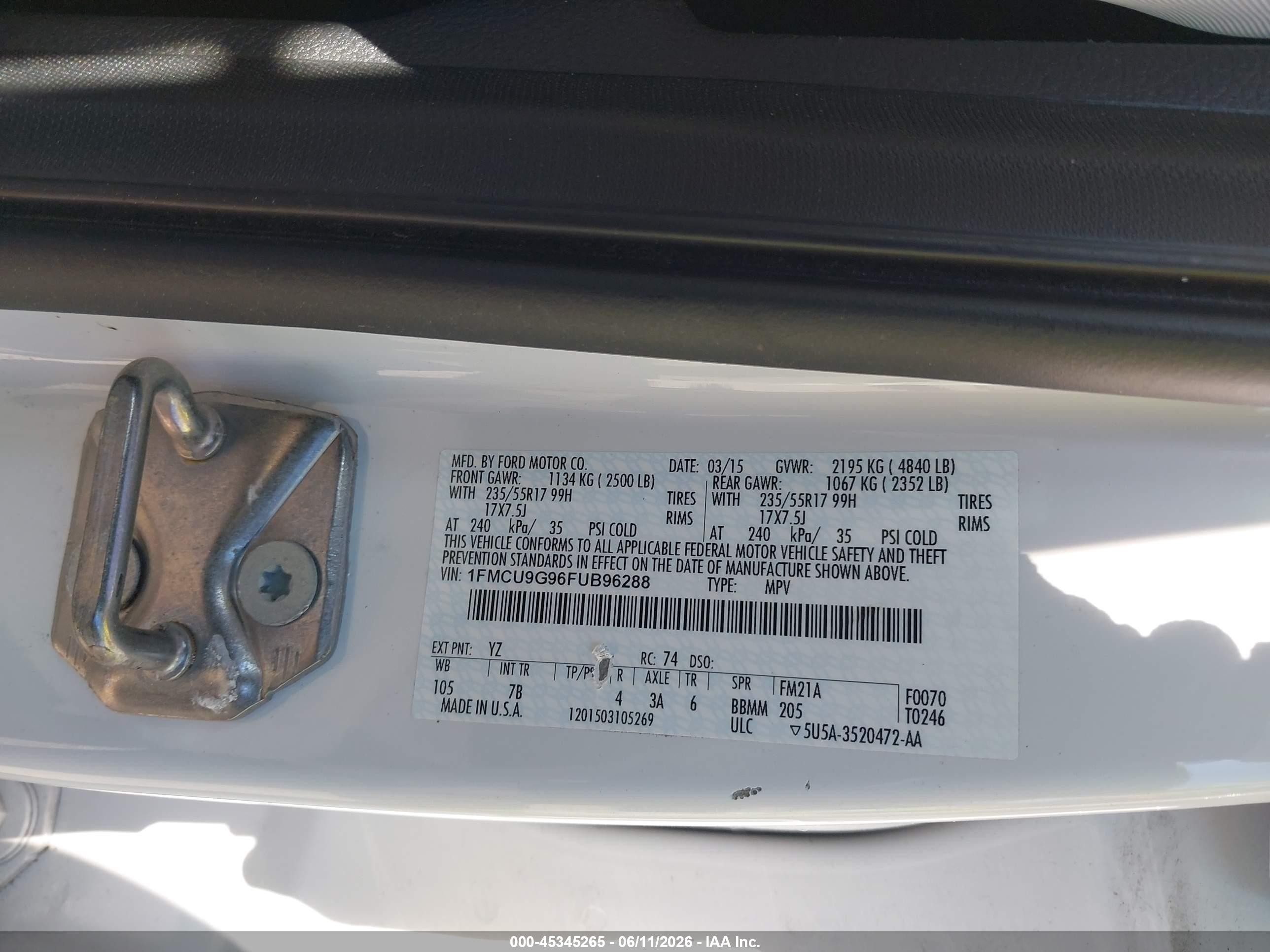 2015 Ford Escape Se White vin: 1FMCU9G96FUB96288