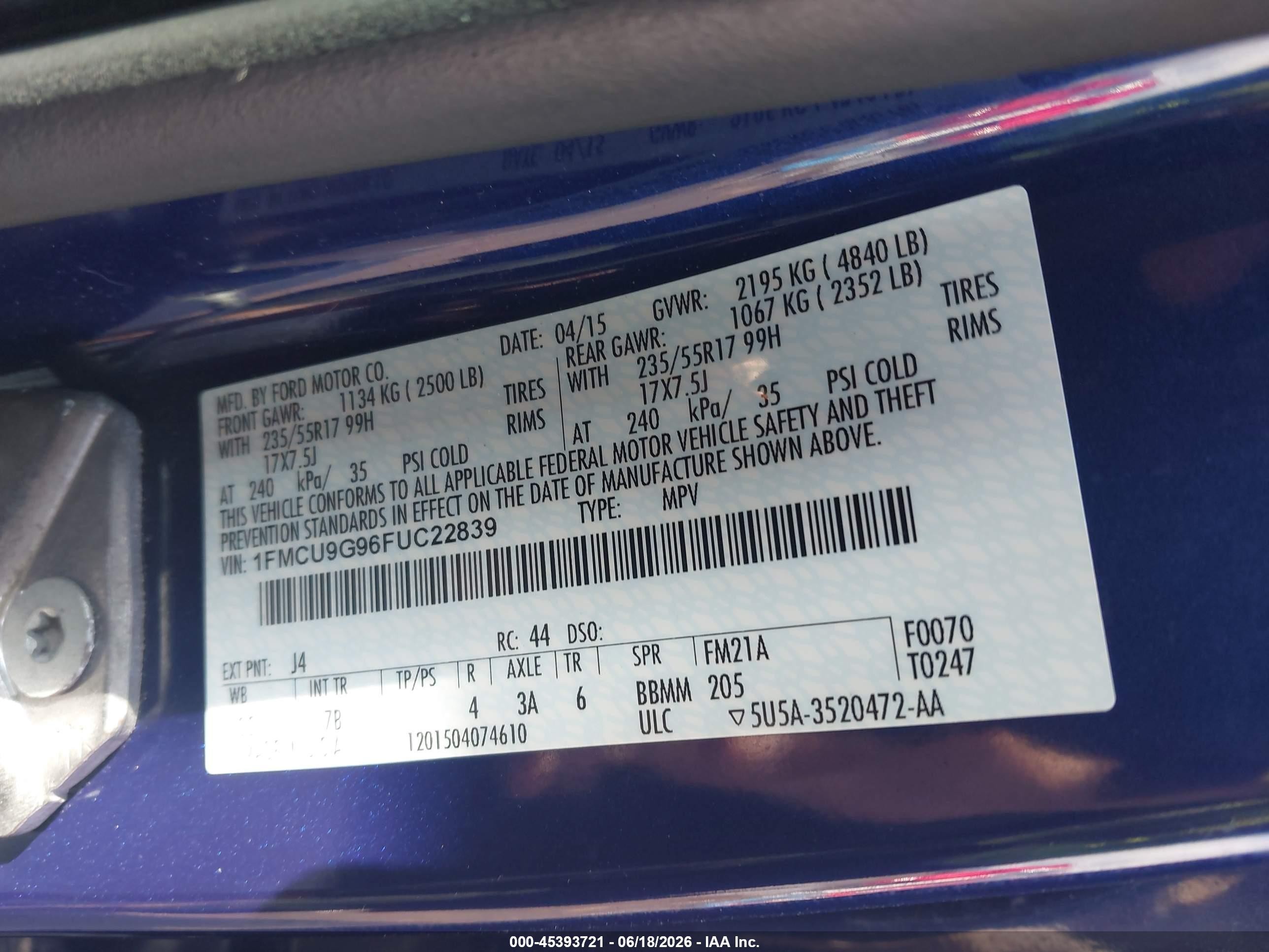 2015 Ford Escape Se Blue vin: 1FMCU9G96FUC22839
