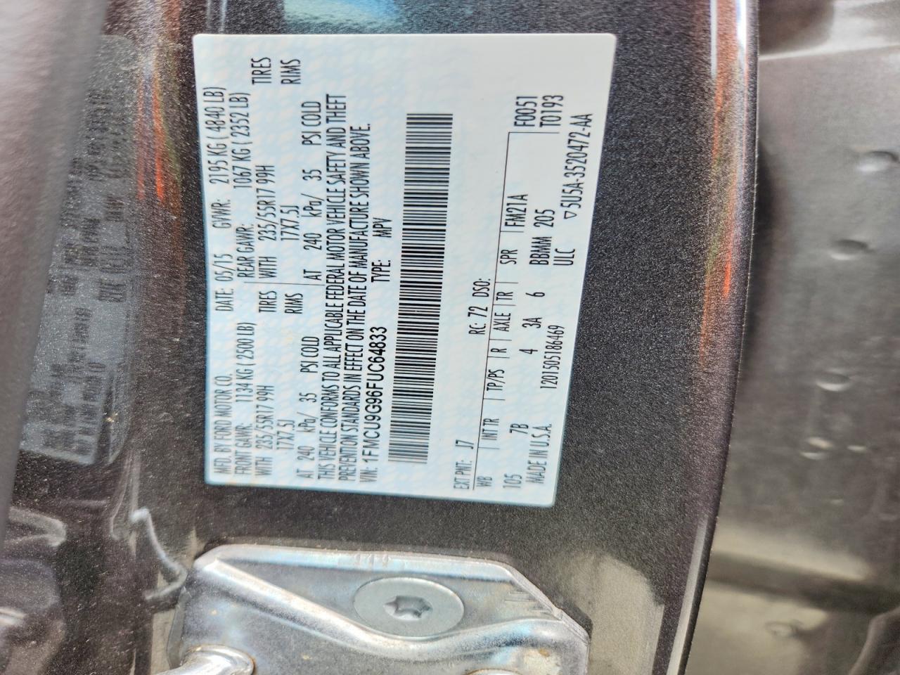 2015 Ford Escape Se Gray vin: 1FMCU9G96FUC64833