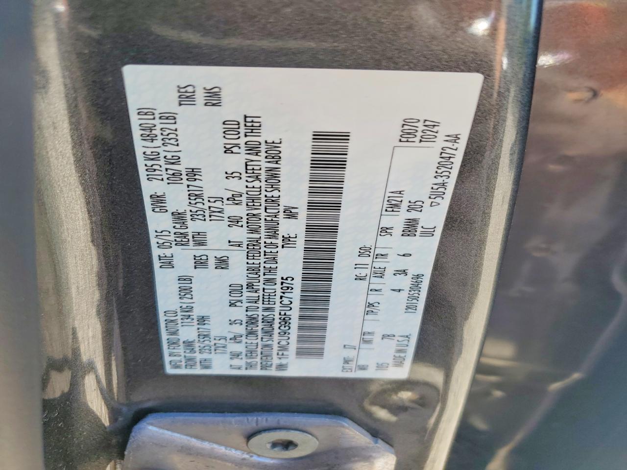 2015 Ford Escape Se Gray vin: 1FMCU9G96FUC71975